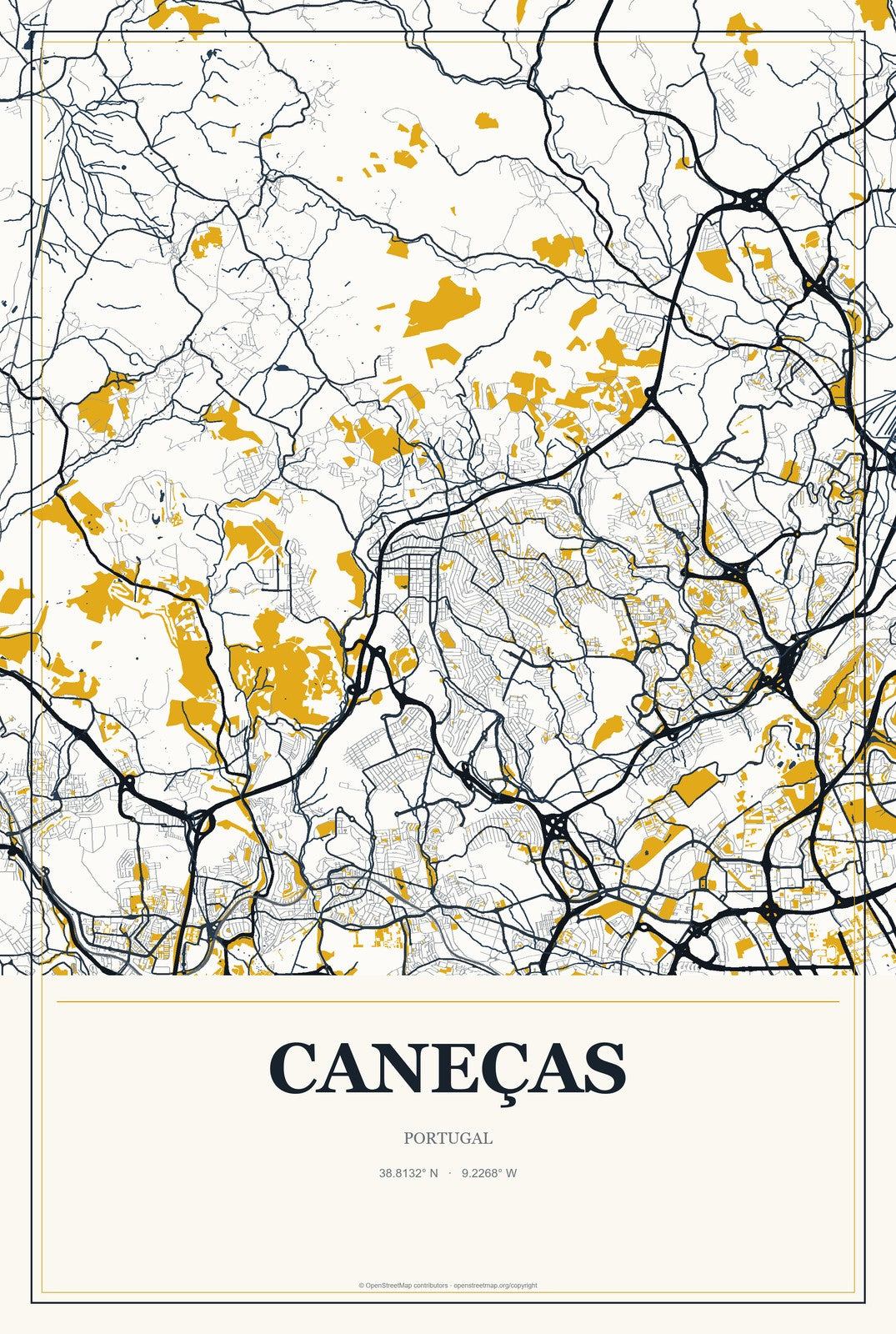 Caneças, Portugal City Map Aluminum Sign in Citrine Modern style