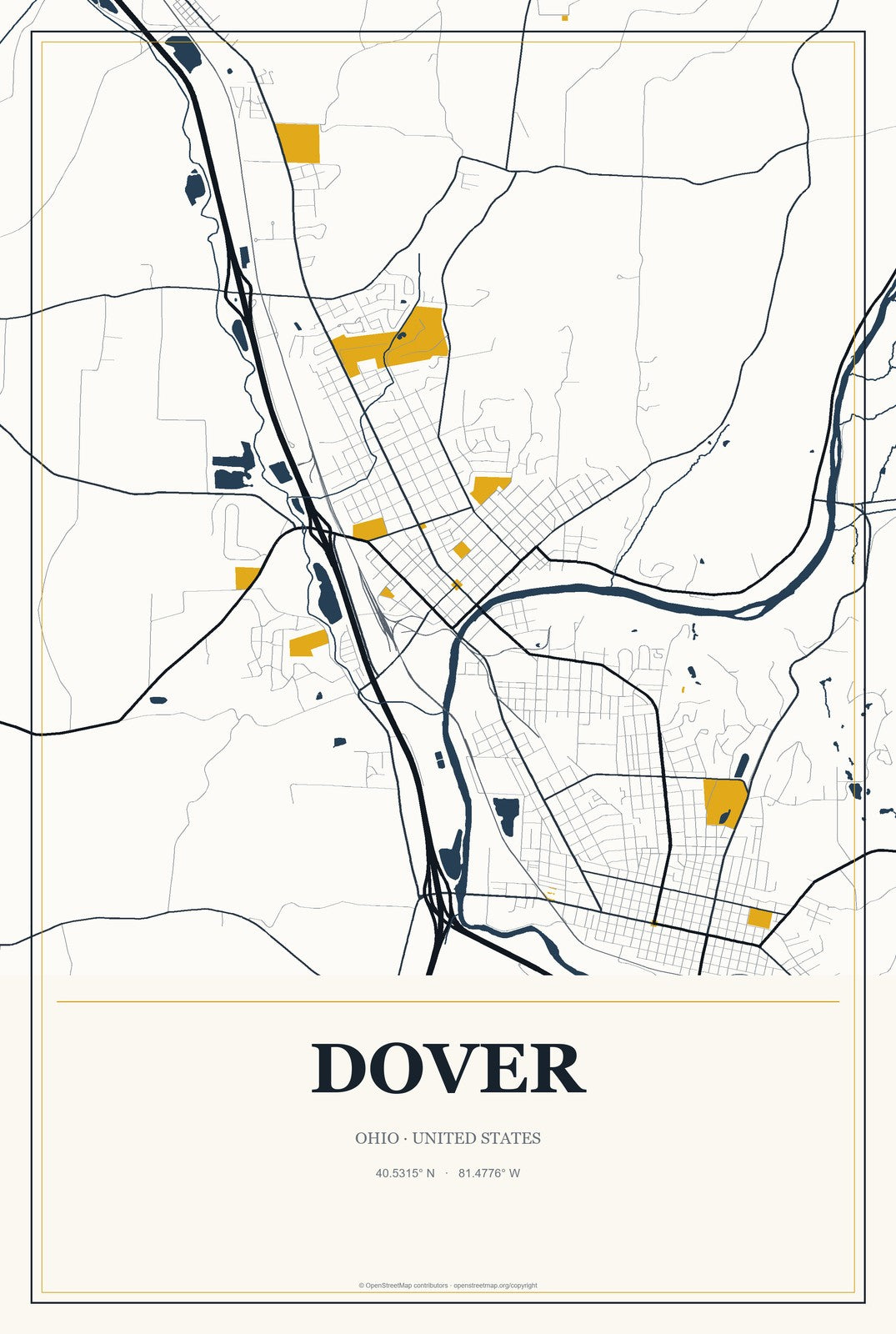Dover, Ohio City Map Aluminum Sign in Citrine Modern style