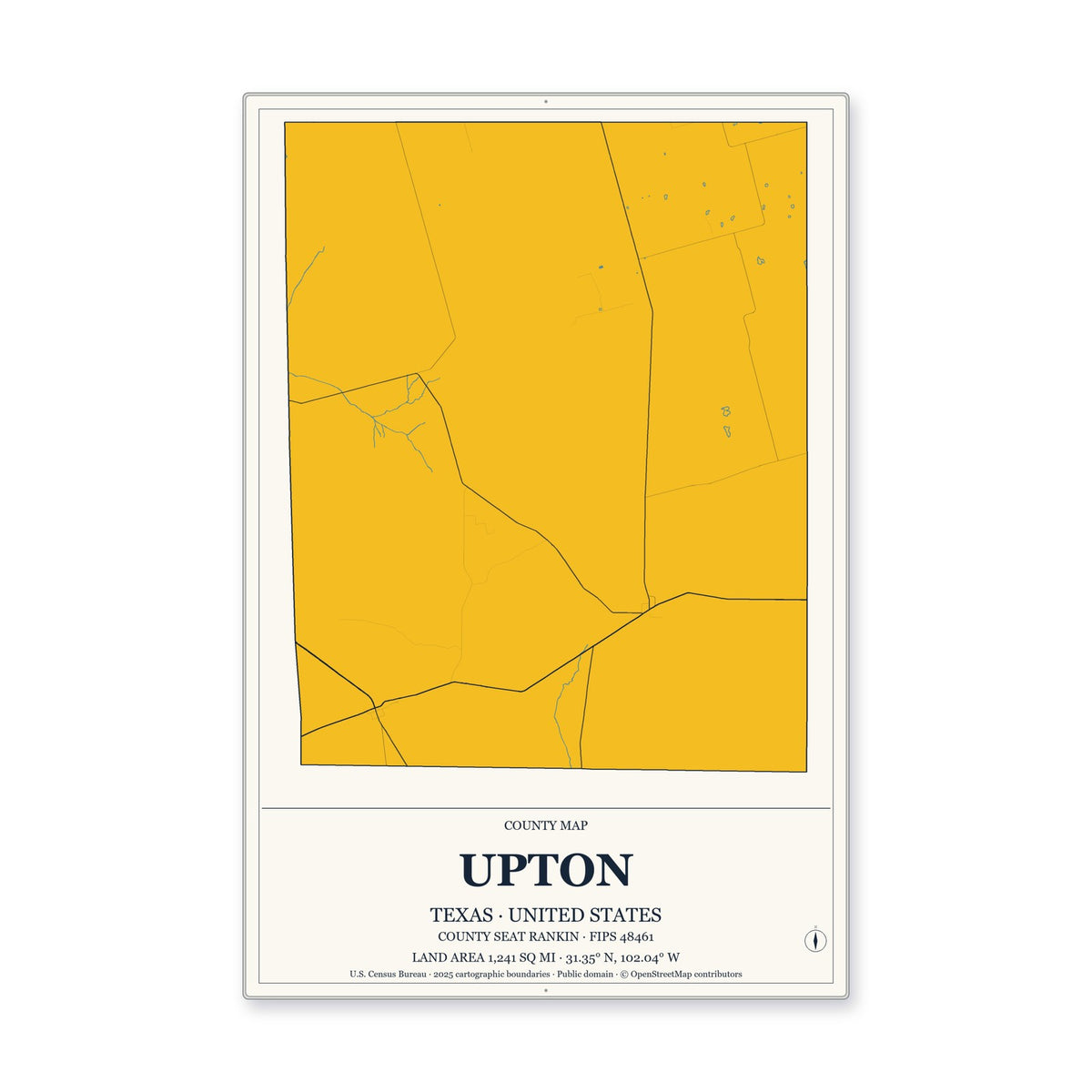 Upton County, Texas Map Aluminum Sign in Citrine Modern style