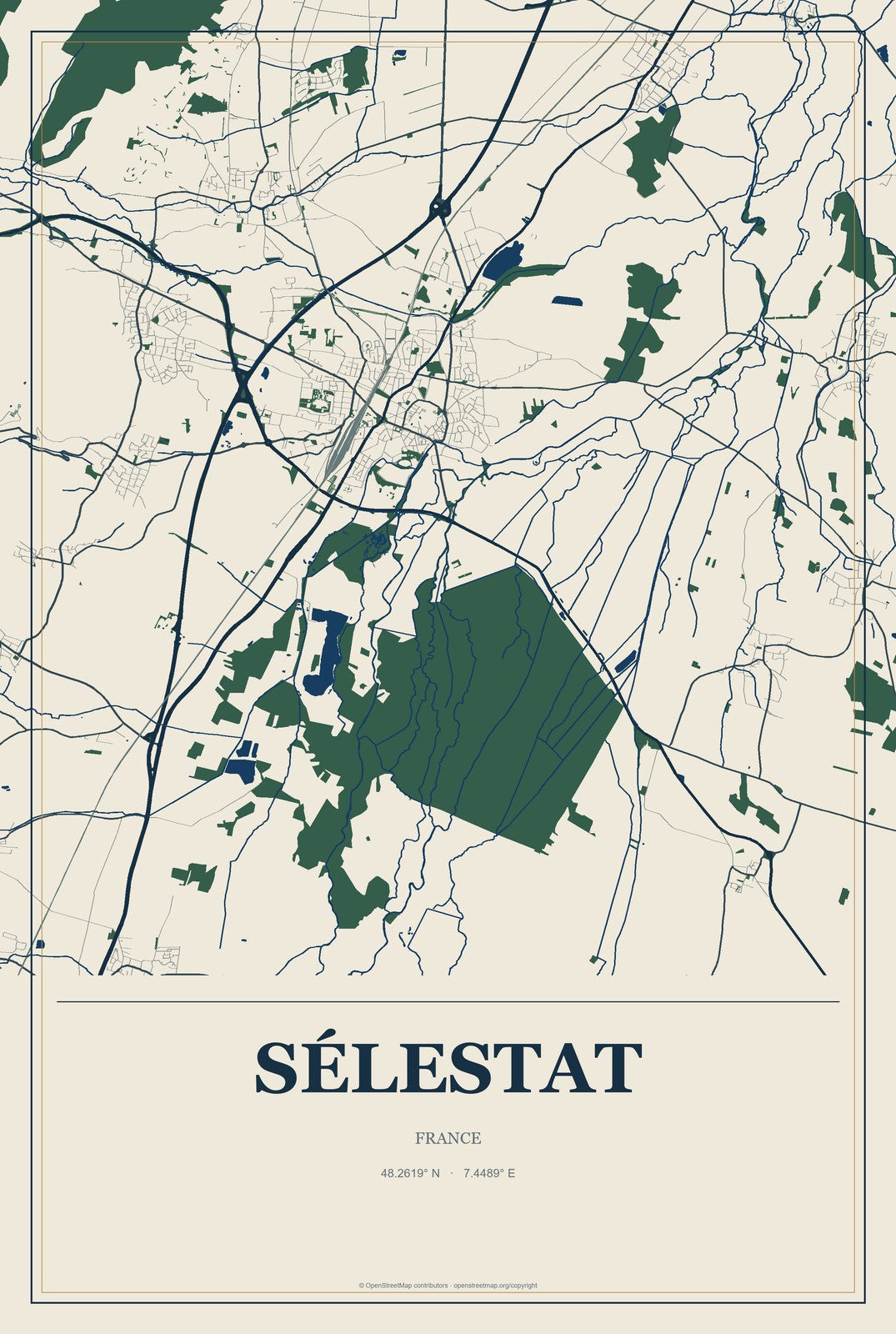Sélestat, France City Map Aluminum Sign in Coastal Cutout style