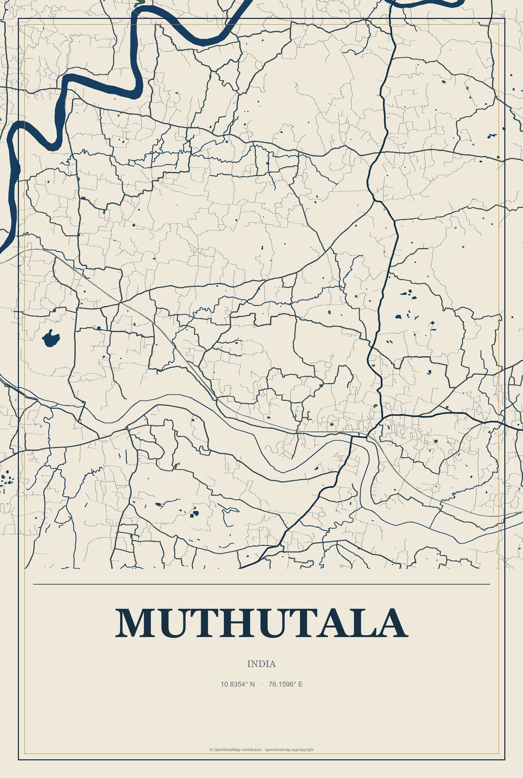Muthutala, India City Map Aluminum Sign in Coastal Cutout style