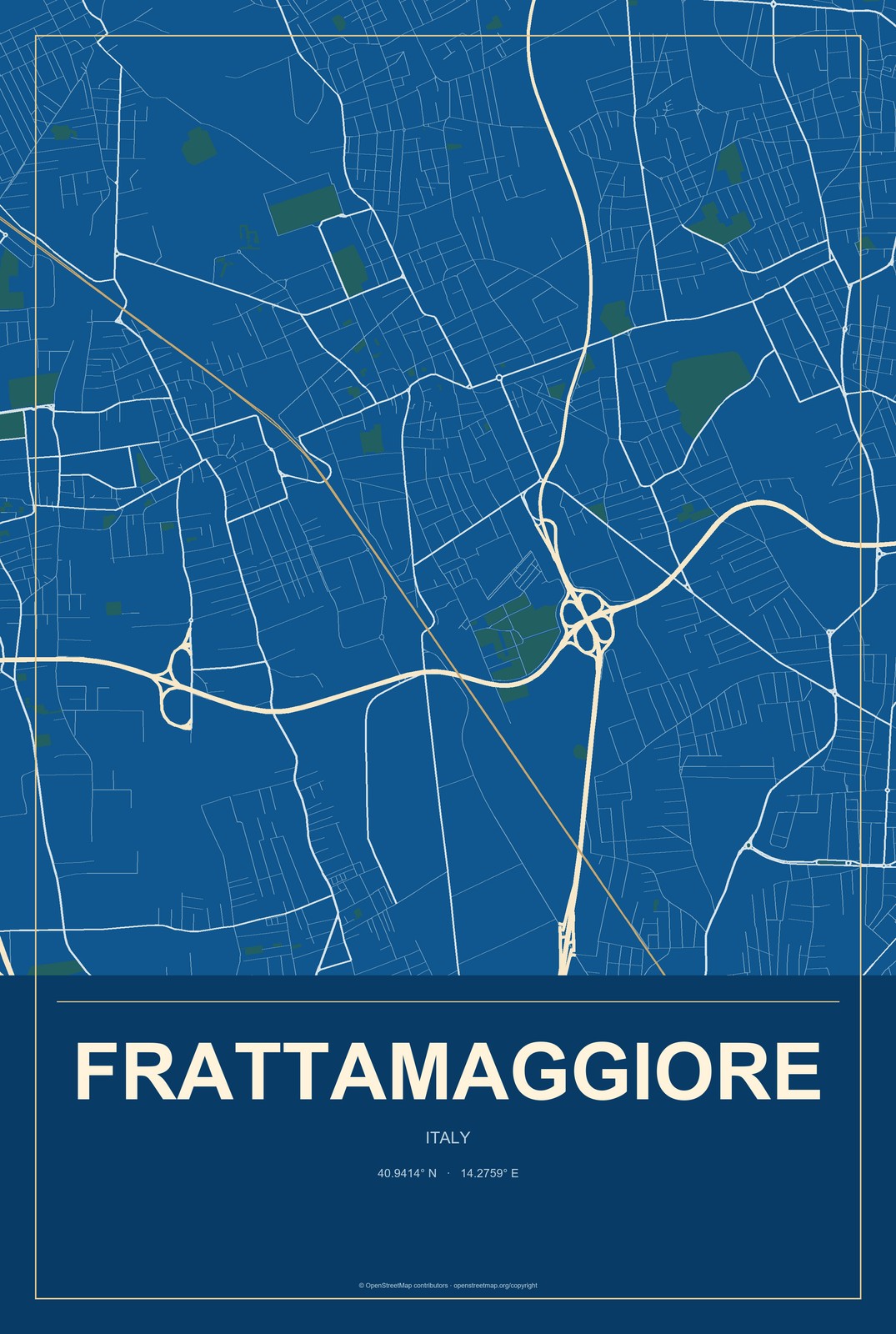 Frattamaggiore, Italy City Map Aluminum Sign in Harbor Cobalt style