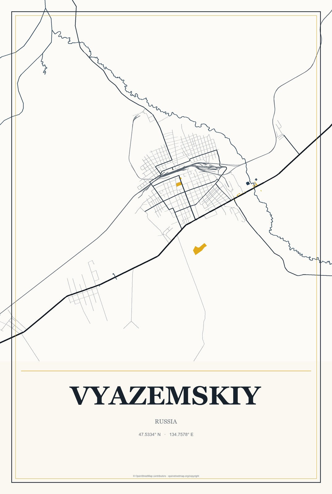 Vyazemskiy, Russia City Map Aluminum Sign in Citrine Modern style