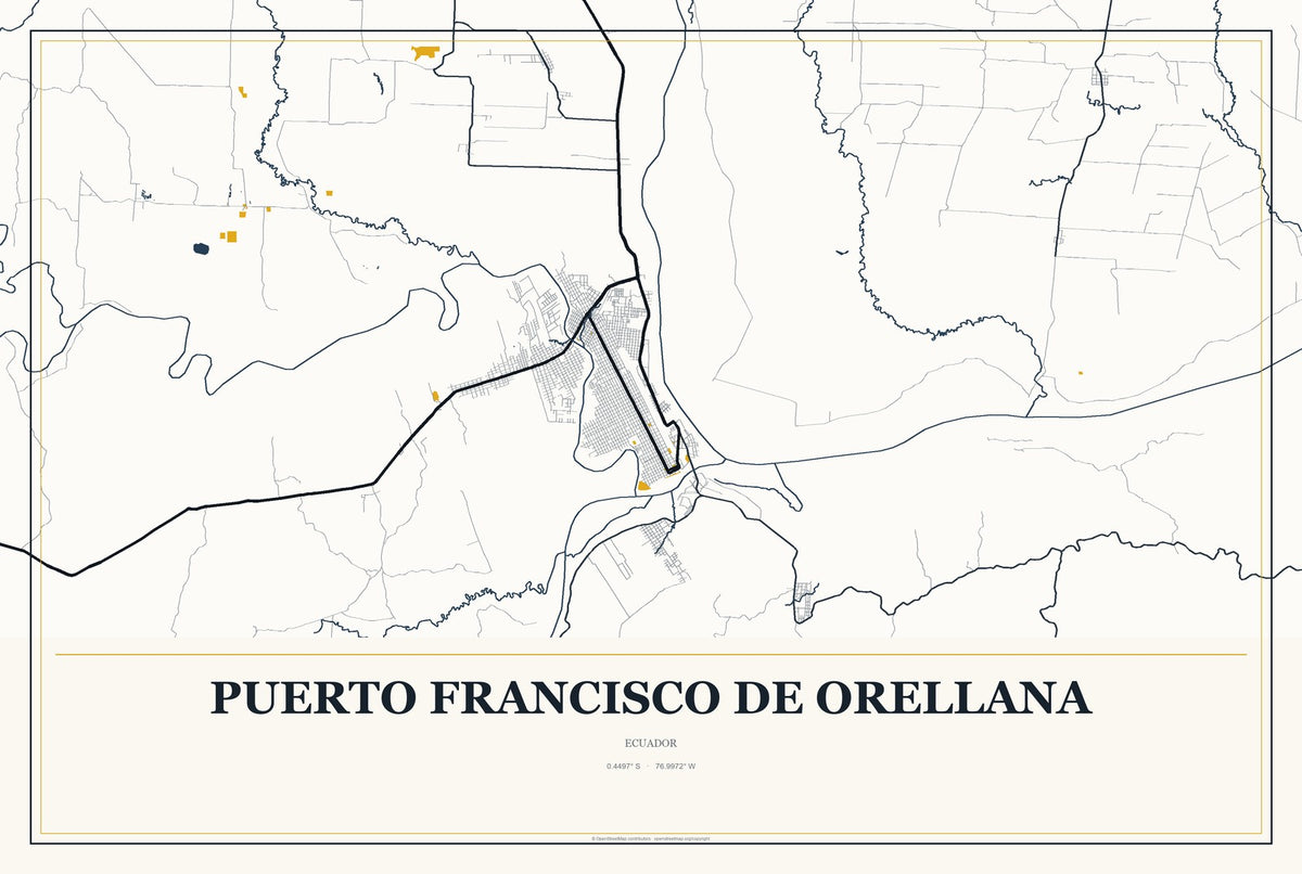 Puerto Francisco de Orellana, Ecuador City Map Aluminum Sign in Citrine Modern style