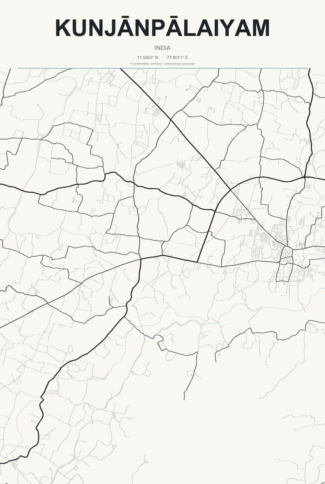 Kunjānpālaiyam, India City Map Aluminum Sign in Headline Atlas style