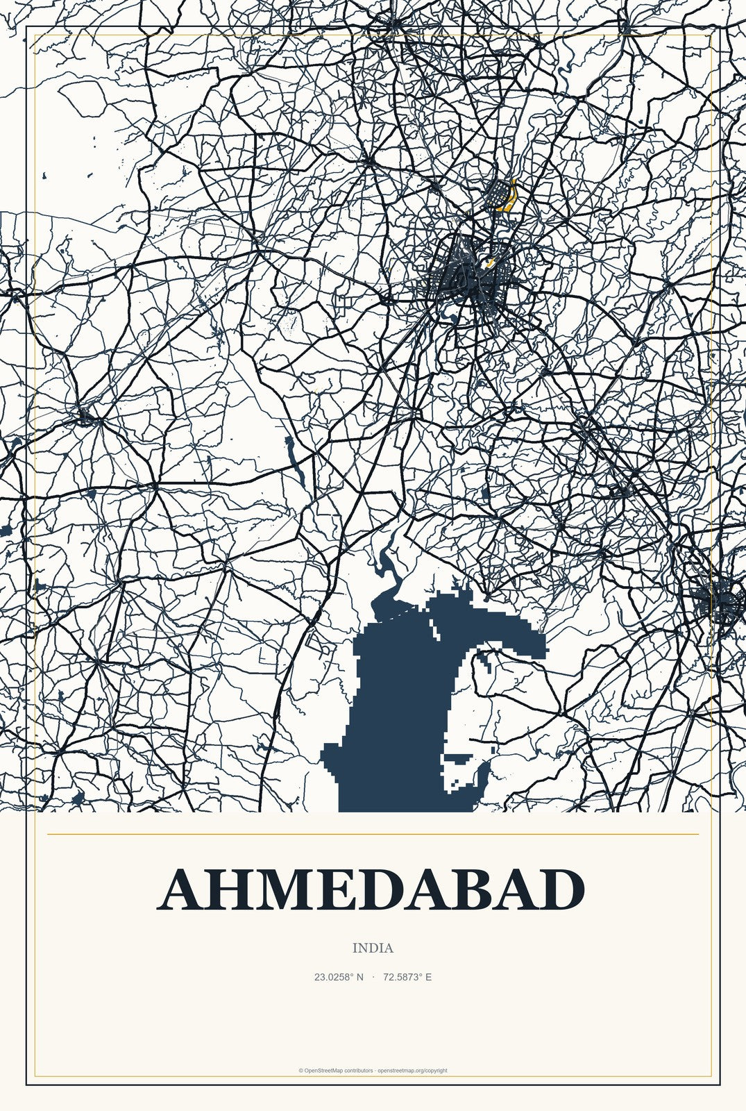 Ahmedabad, India City Map Aluminum Sign in Citrine Modern style