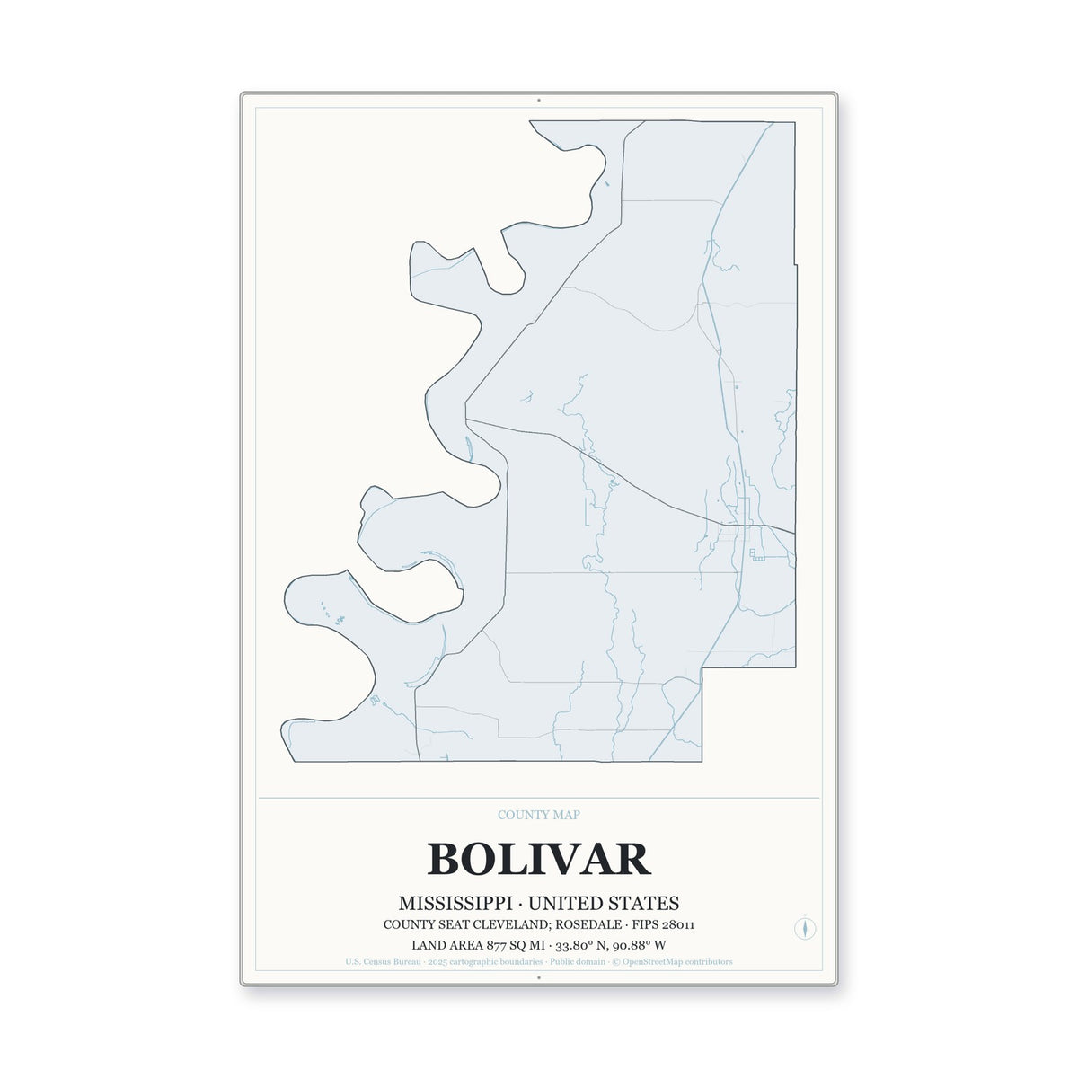 Bolivar County, Mississippi Map Aluminum Sign in Gallery Air style