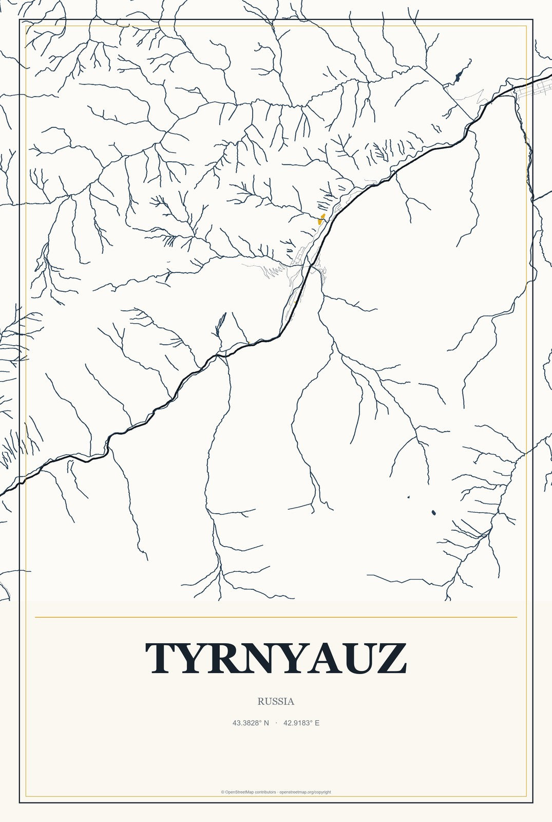 Tyrnyauz, Russia City Map Aluminum Sign in Citrine Modern style