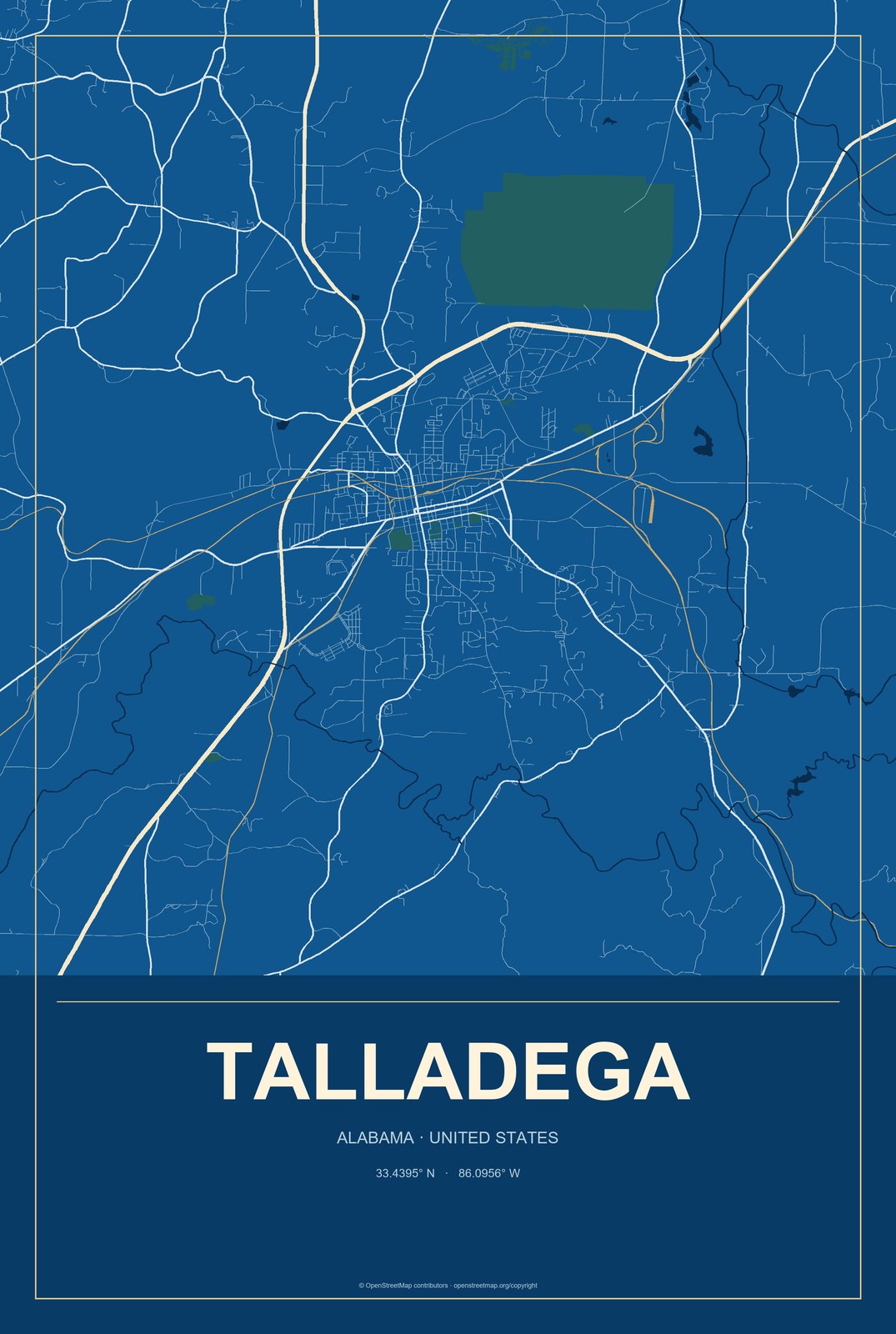 Talladega, Alabama City Map Aluminum Sign in Harbor Cobalt style