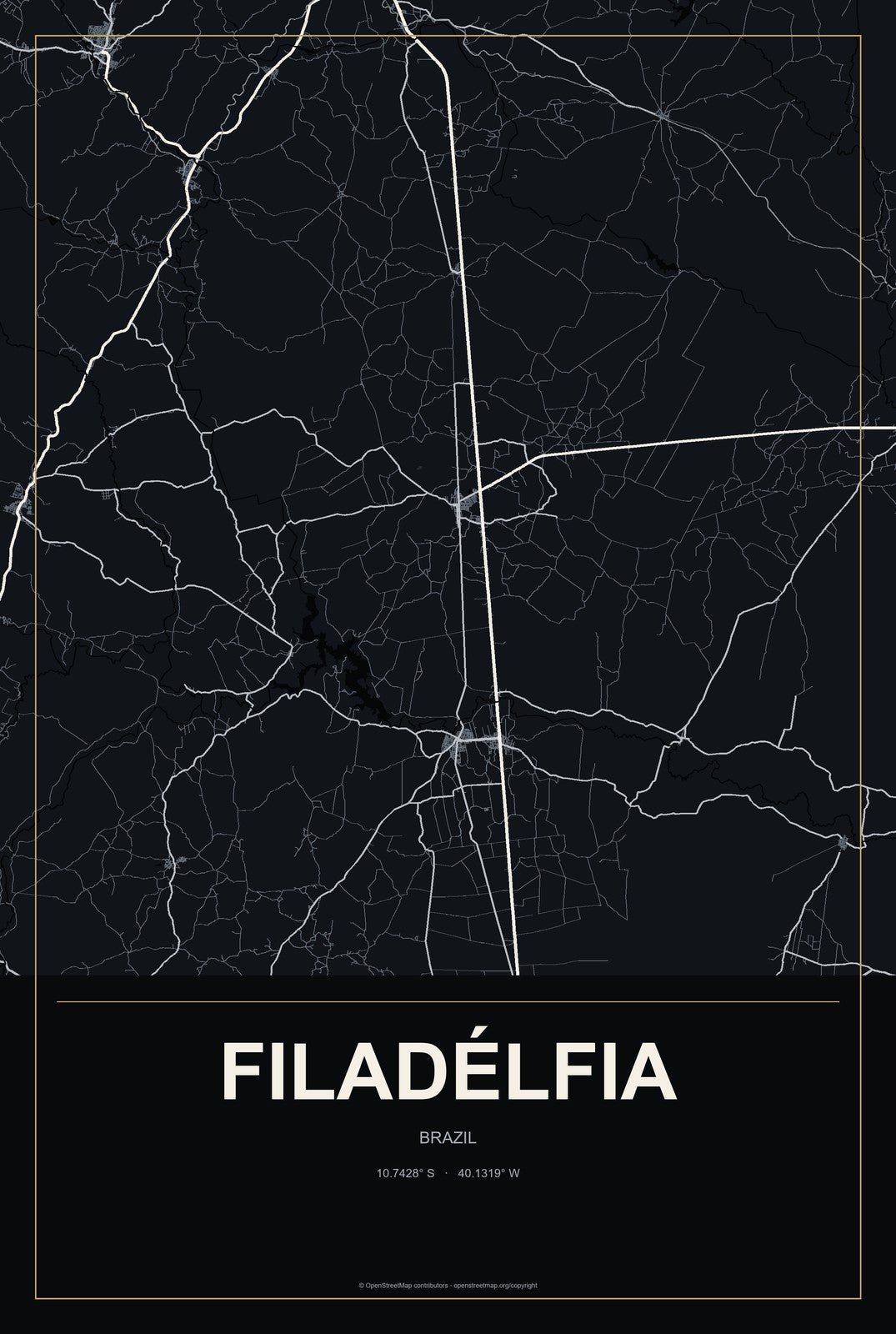 Filadélfia, Brazil City Map Aluminum Sign in Metropolitan Noir style