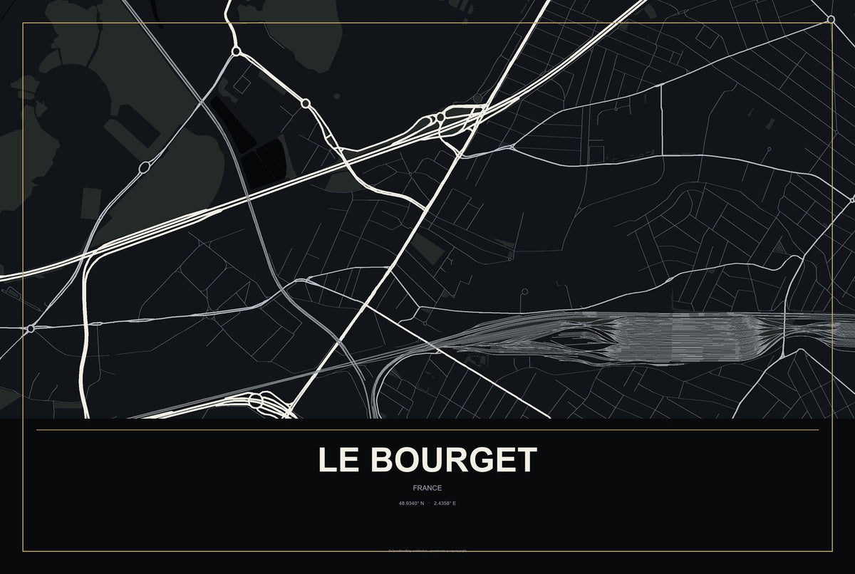 Le Bourget, France City Map Aluminum Sign in Metropolitan Noir style