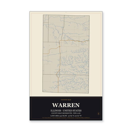 Warren County, Illinois Map Aluminum Sign in Museum Plaque style
