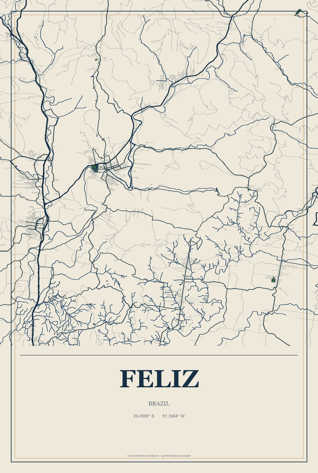 Feliz, Brazil City Map Aluminum Sign in Coastal Cutout style