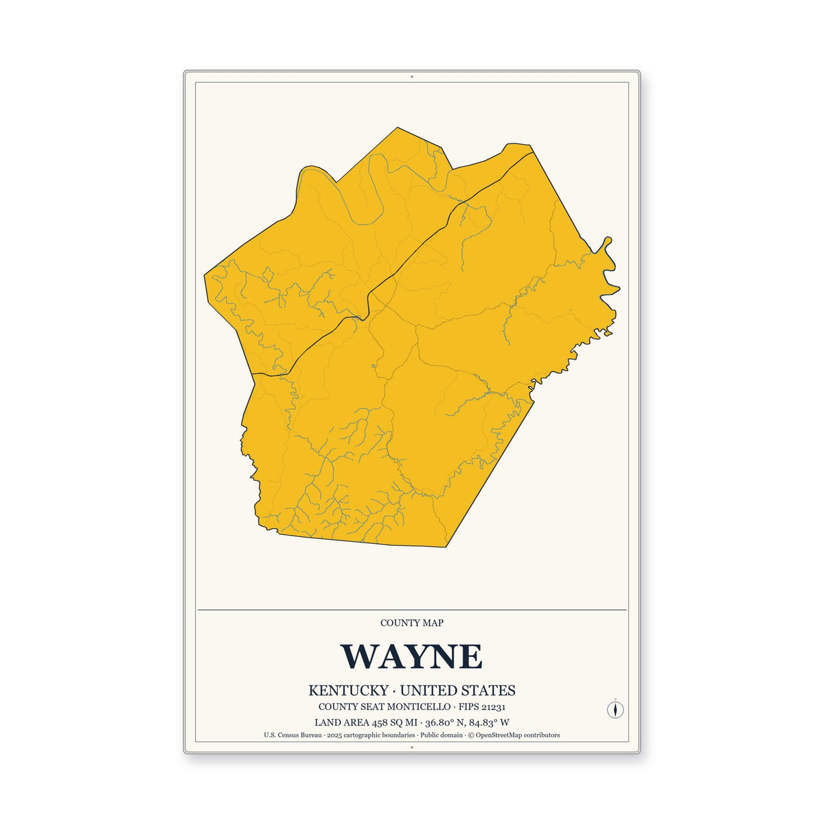 Wayne County, Kentucky Map Aluminum Sign in Citrine Modern style