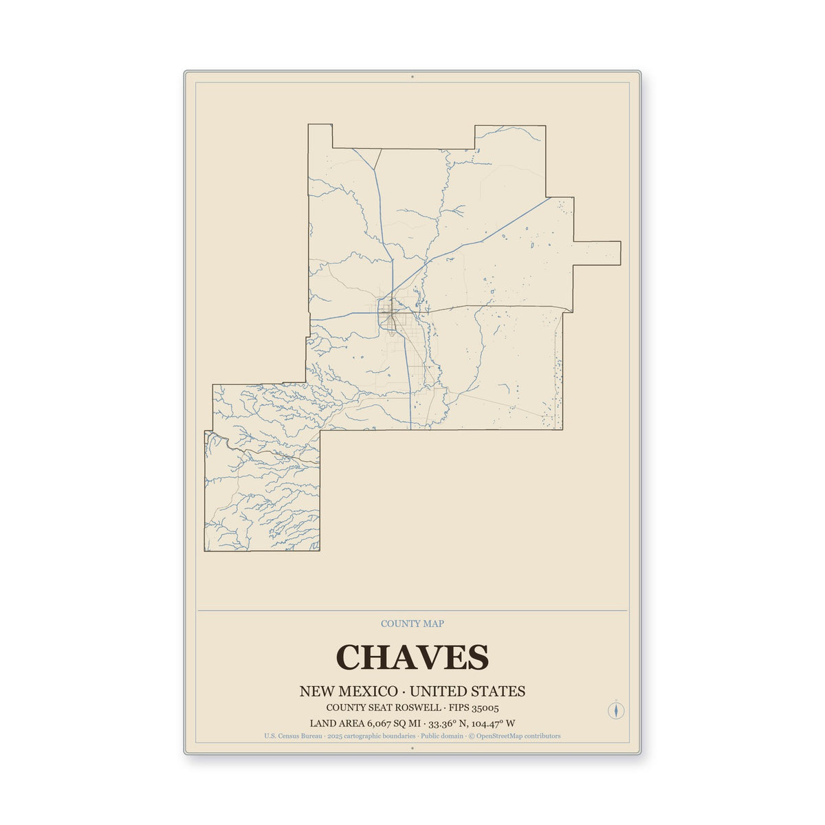 Chaves County, New Mexico Map Aluminum Sign in Heritage Nautical style