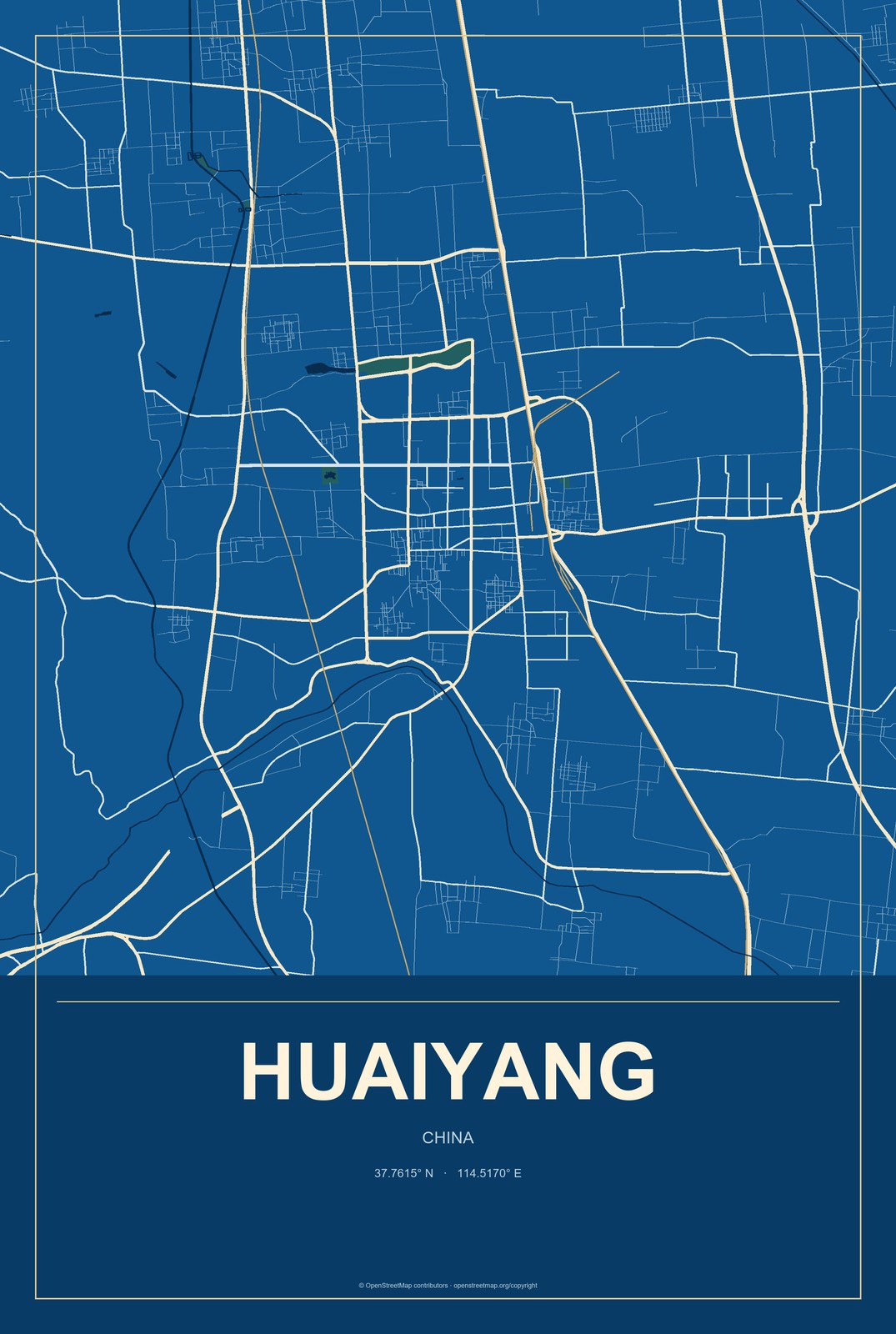 Huaiyang, China City Map Aluminum Sign in Harbor Cobalt style