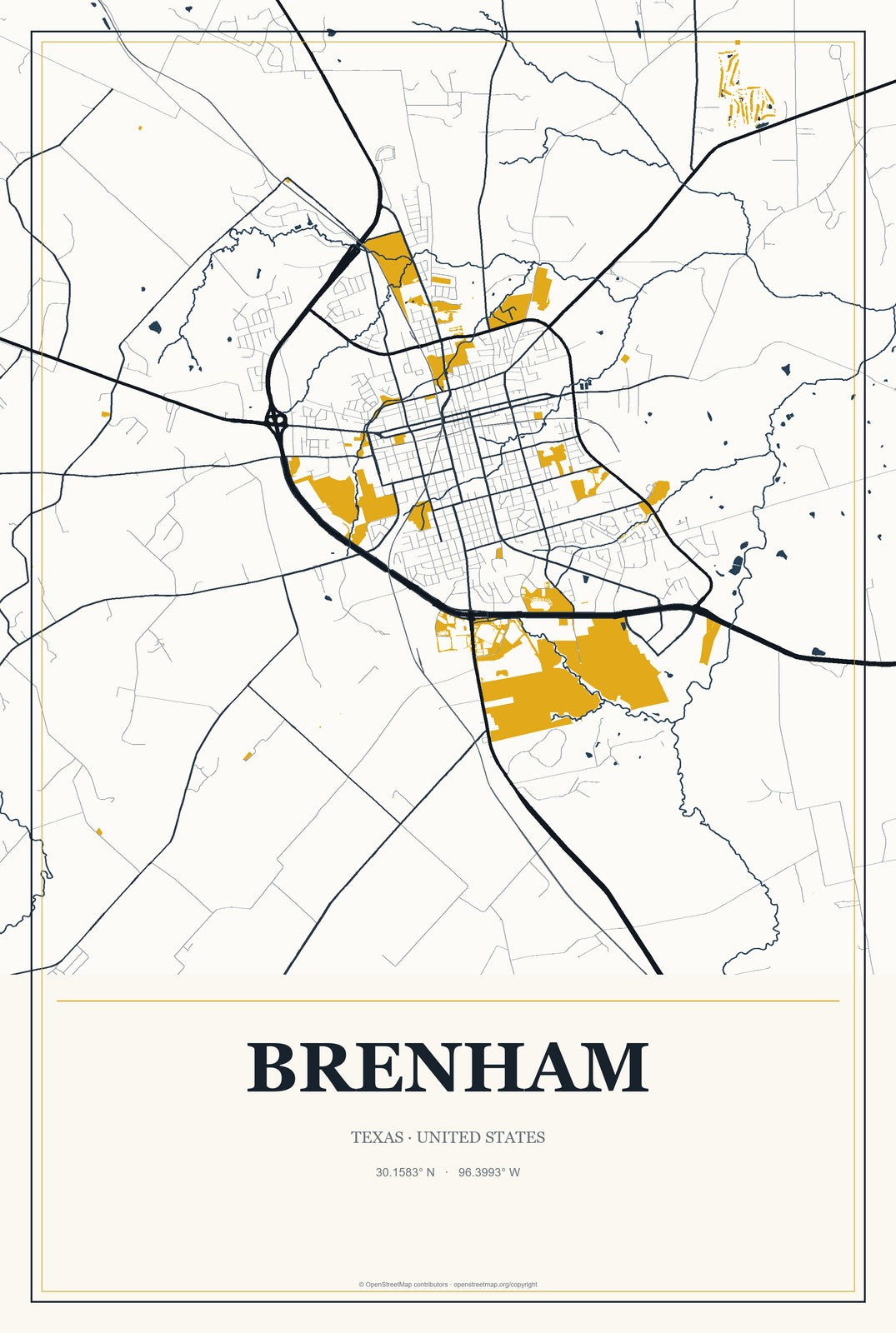 Brenham, Texas City Map Aluminum Sign in Citrine Modern style