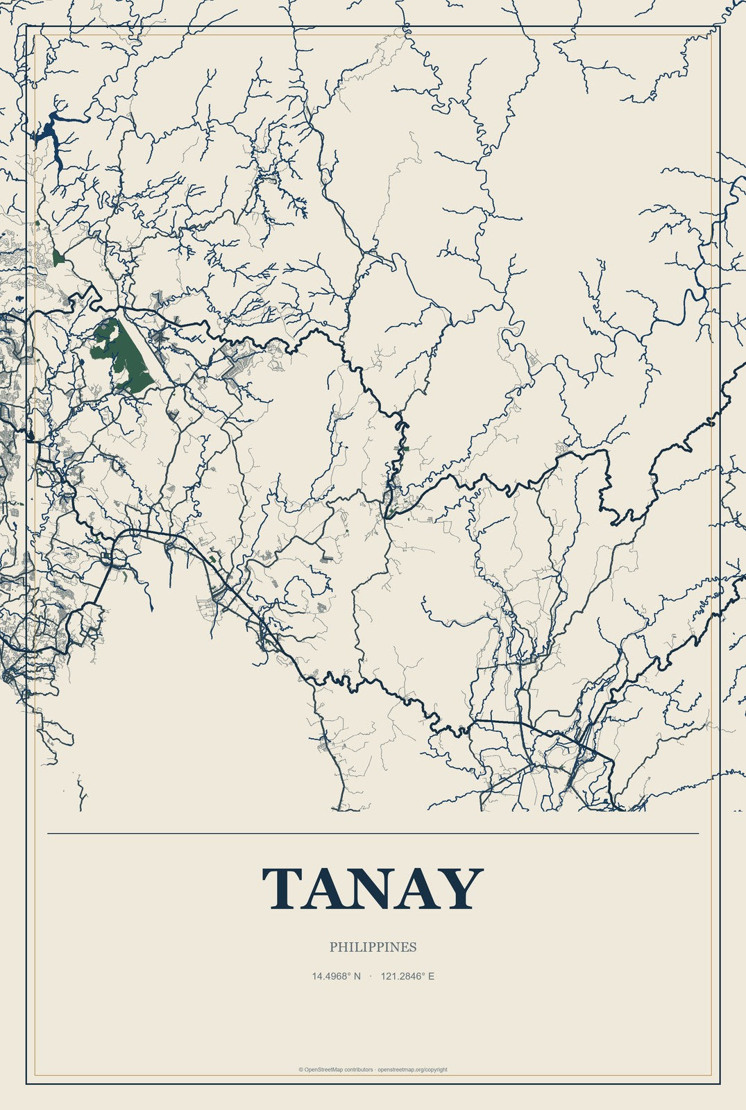 Tanay, Philippines City Map Aluminum Sign in Coastal Cutout style