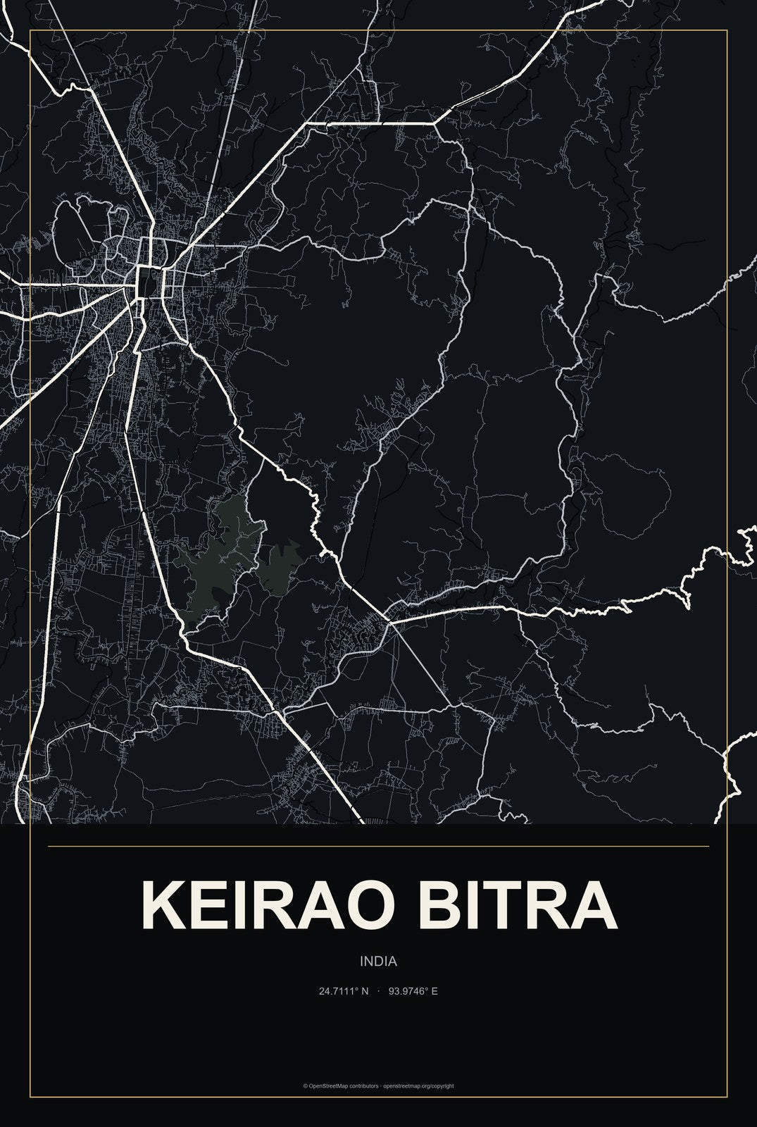 Keirao Bitra, India City Map Aluminum Sign in Metropolitan Noir style