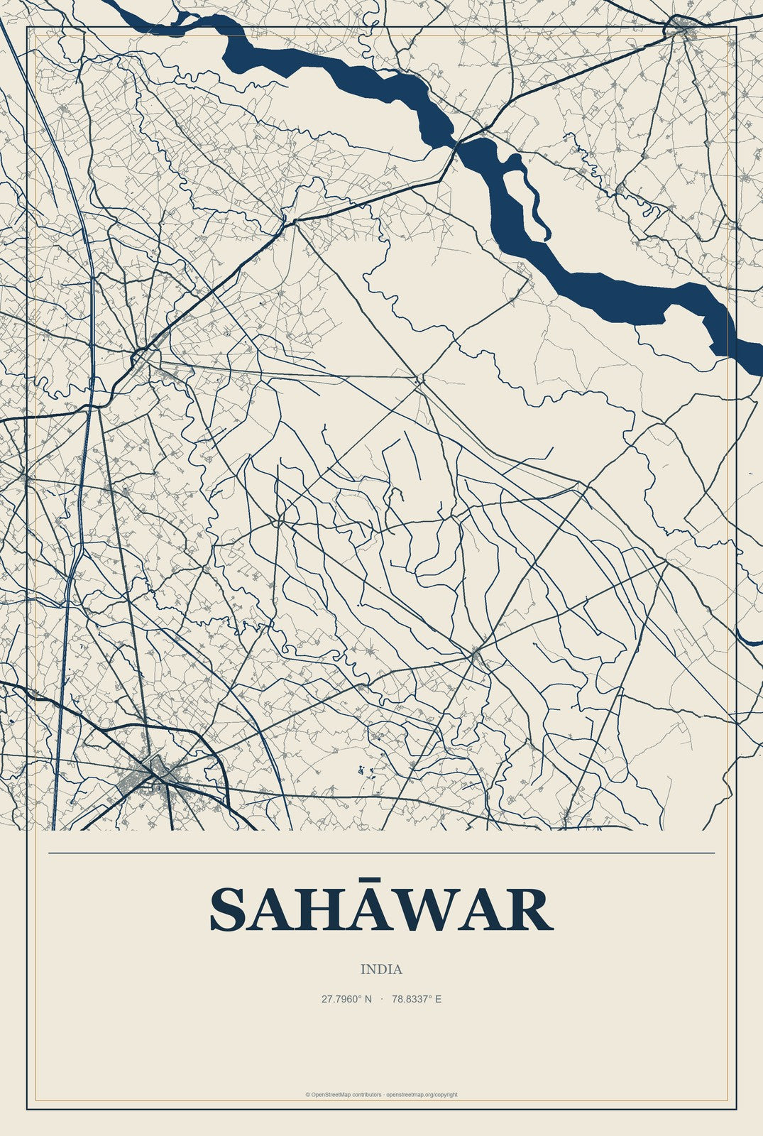 Sahāwar, India City Map Aluminum Sign in Coastal Cutout style