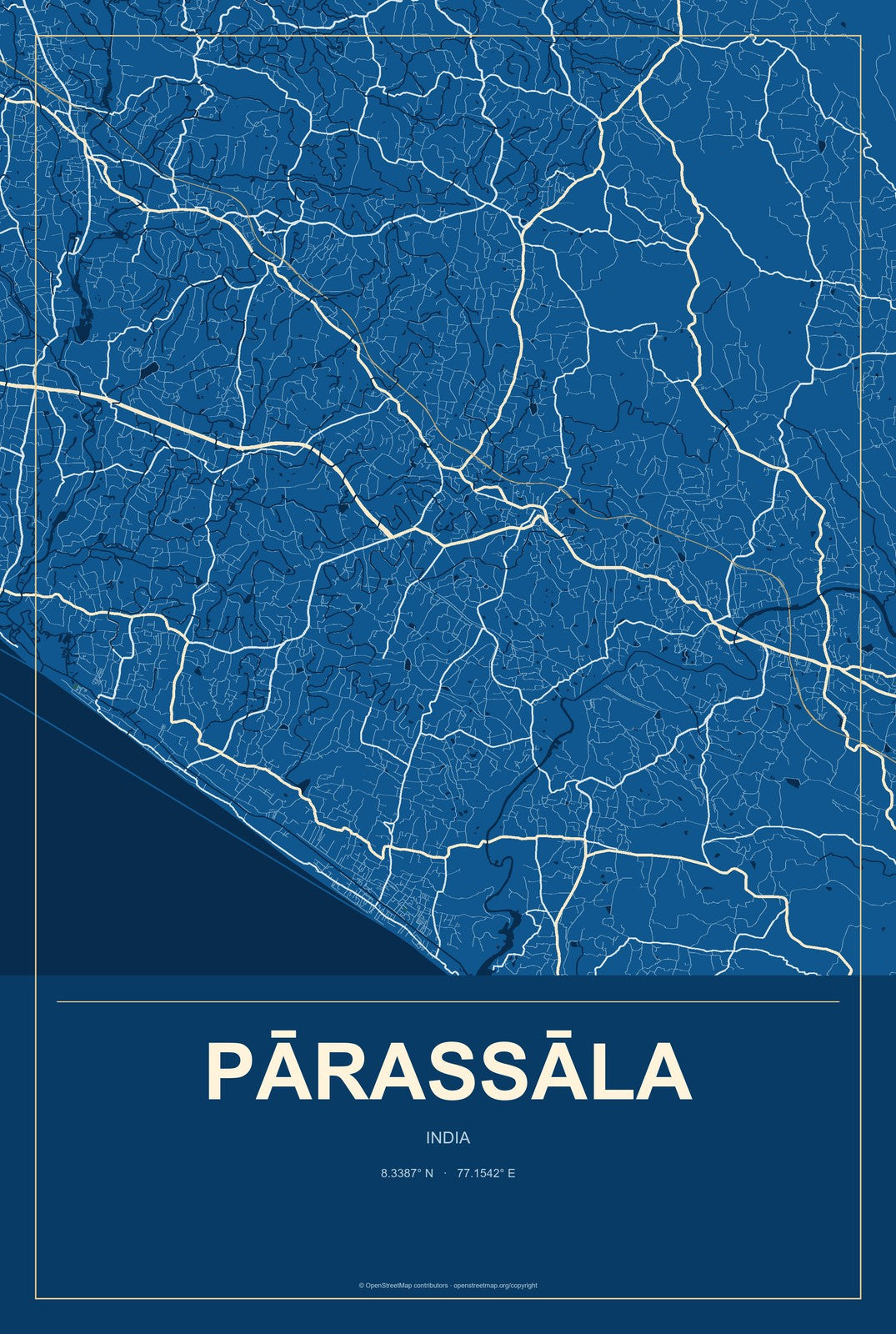 Pārassāla, India City Map Aluminum Sign in Harbor Cobalt style