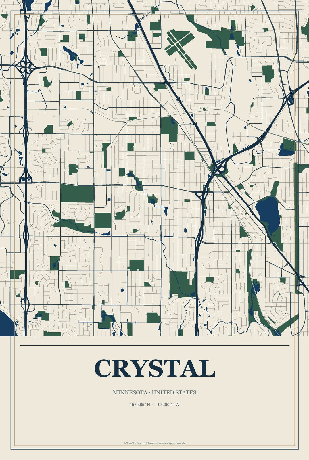 Crystal, Minnesota City Map Aluminum Sign in Coastal Cutout style