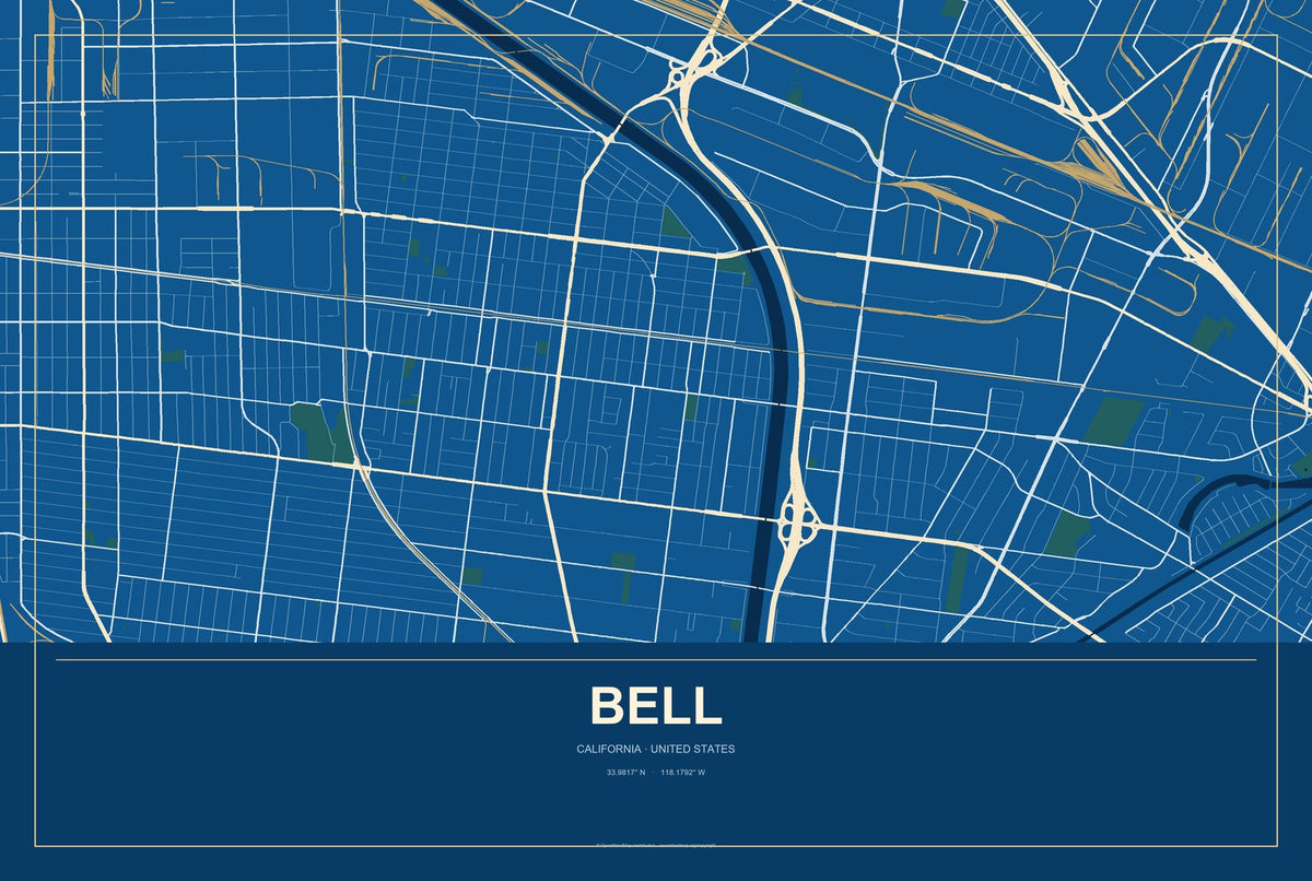 Bell, California City Map Aluminum Sign in Harbor Cobalt style