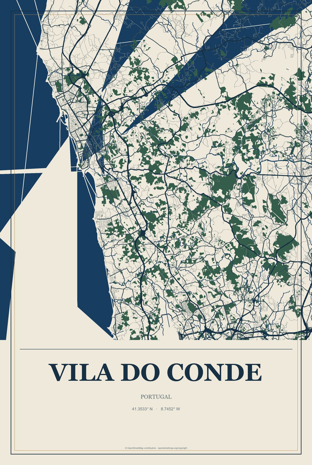 Vila do Conde, Portugal City Map Aluminum Sign in Coastal Cutout style