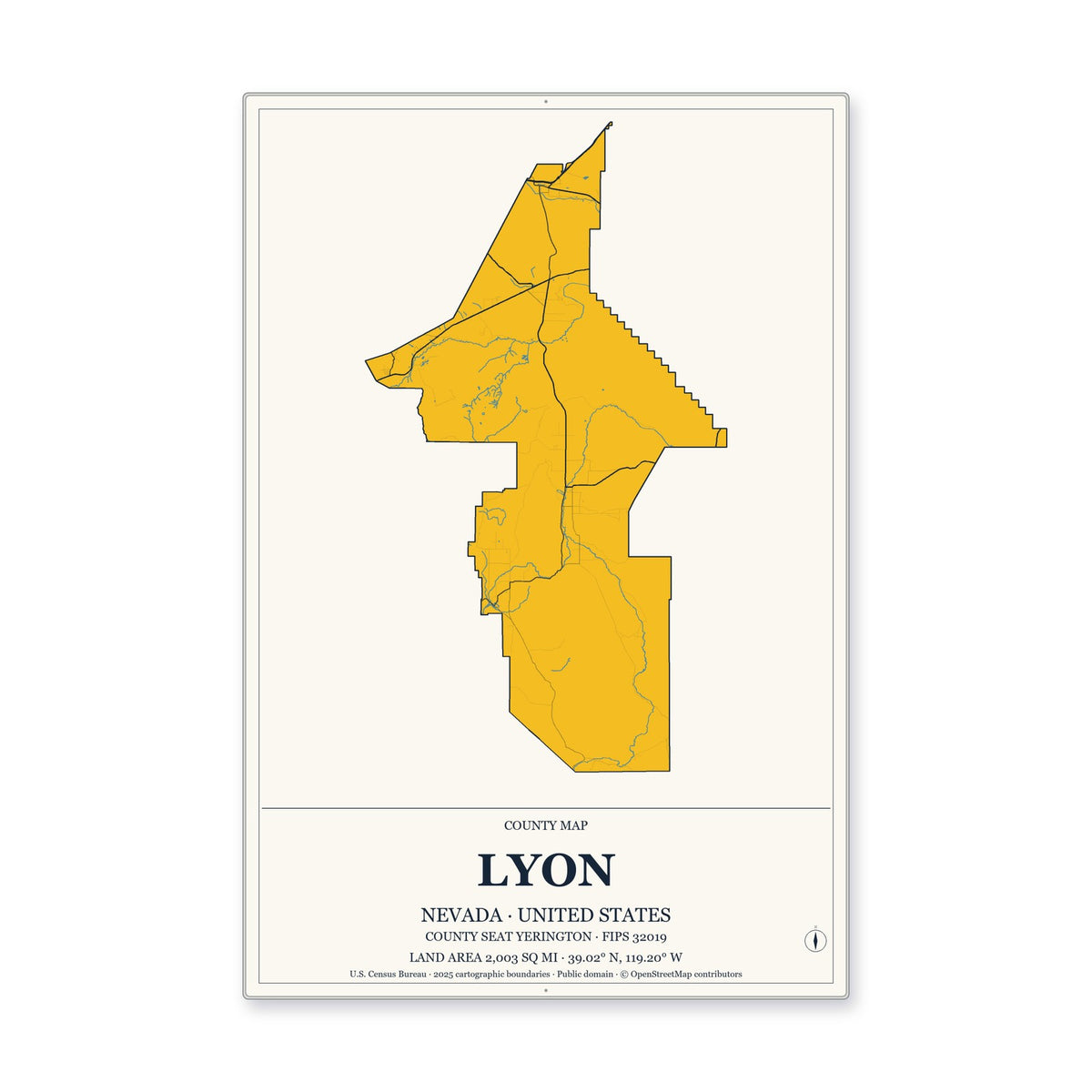 Lyon County, Nevada Map Aluminum Sign in Citrine Modern style