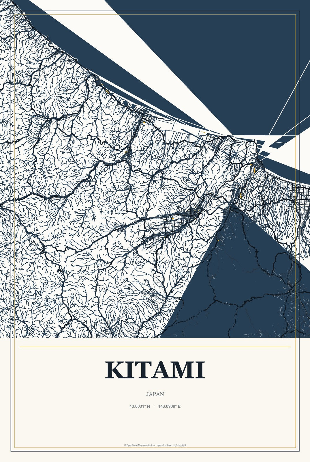 Kitami, Japan City Map Aluminum Sign in Citrine Modern style