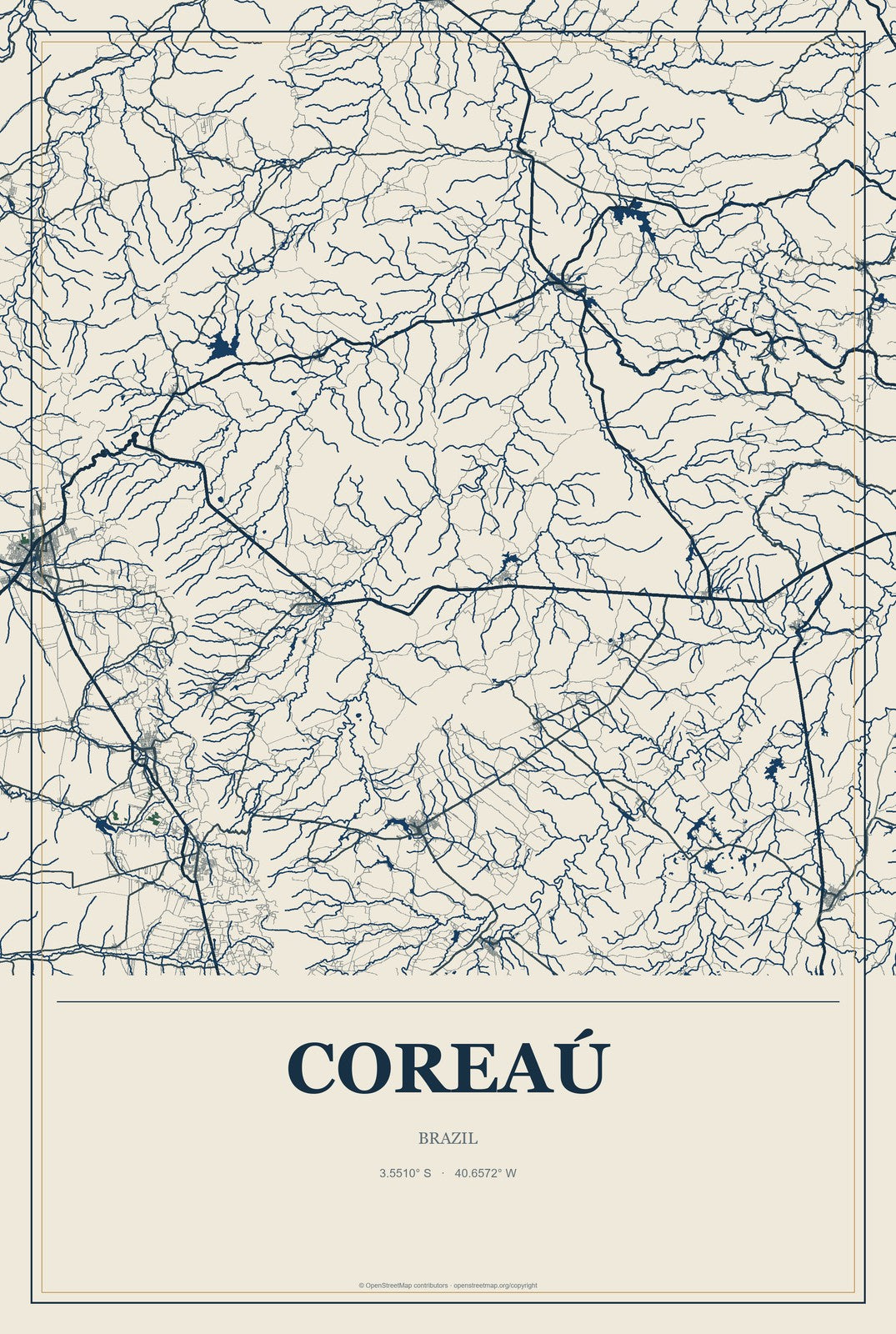 Coreaú, Brazil City Map Aluminum Sign in Coastal Cutout style