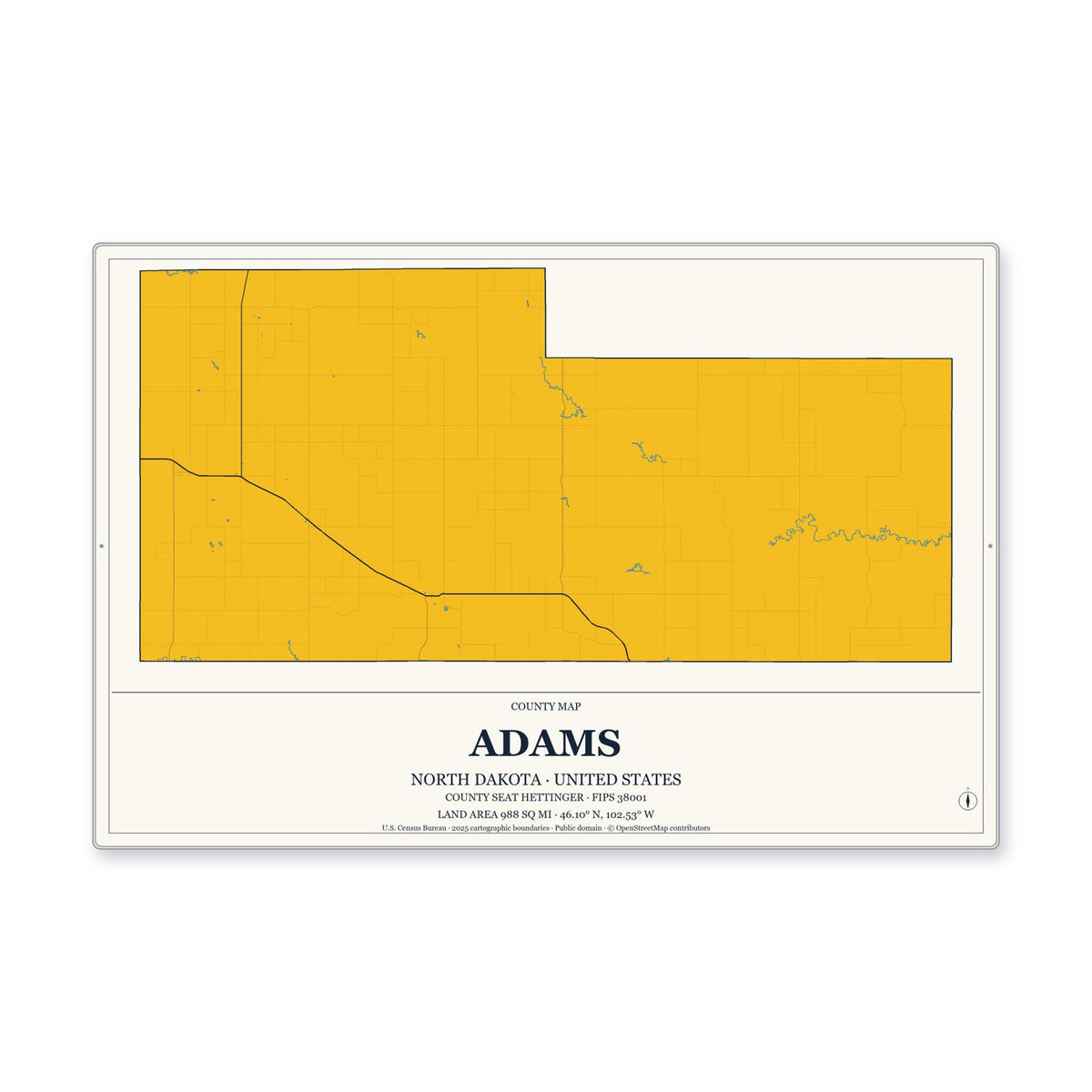 Adams County, North Dakota Map Aluminum Sign in Citrine Modern style