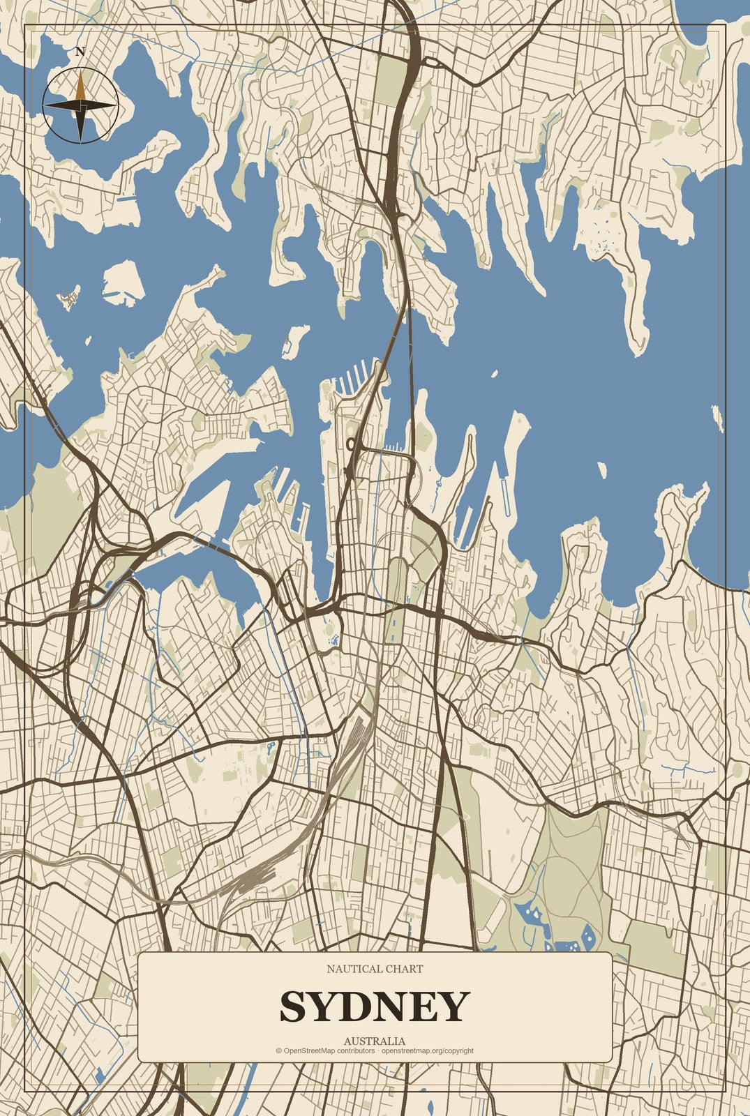 Sydney, Australia City Map Aluminum Sign in Heritage Nautical style