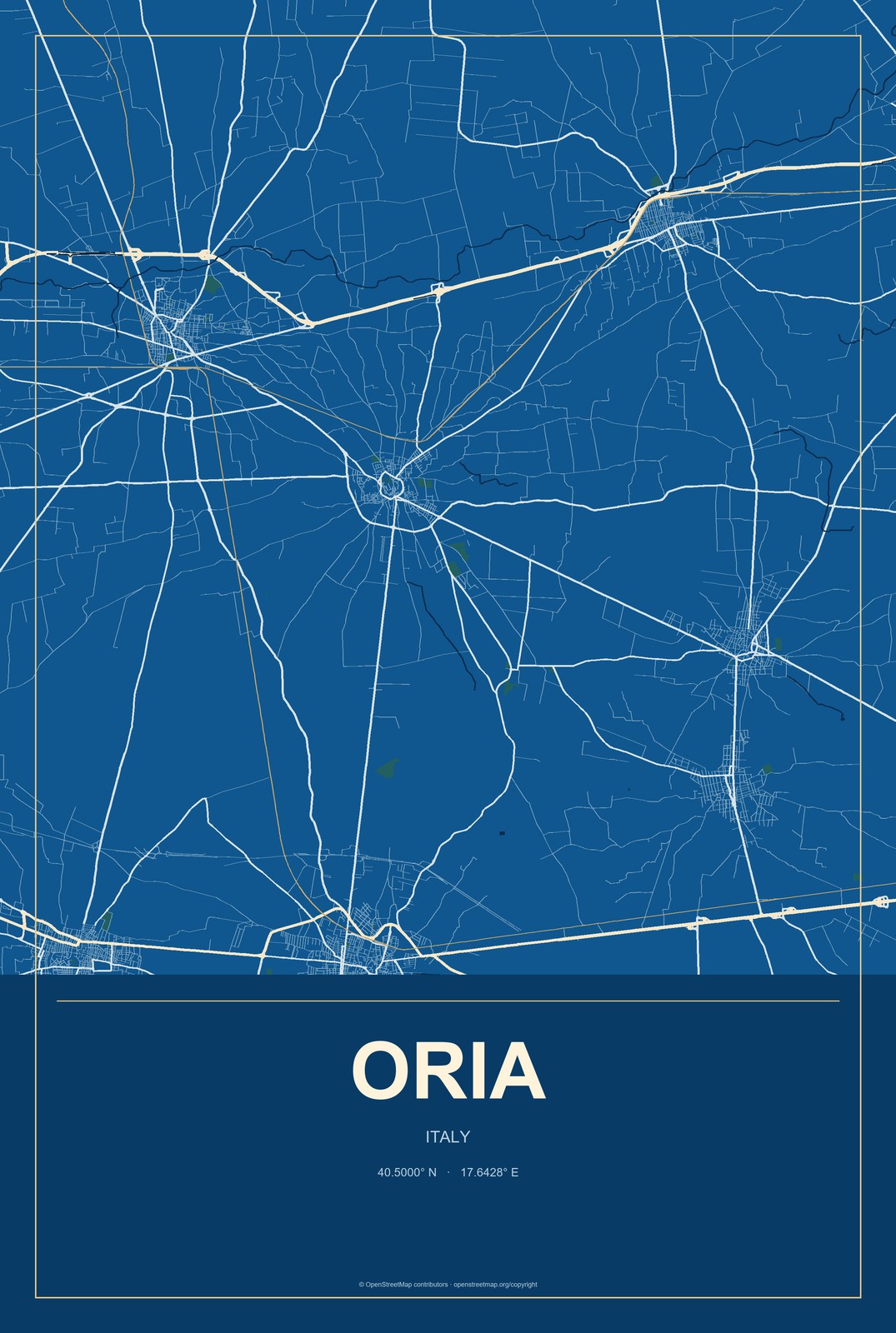 Oria, Italy City Map Aluminum Sign in Harbor Cobalt style