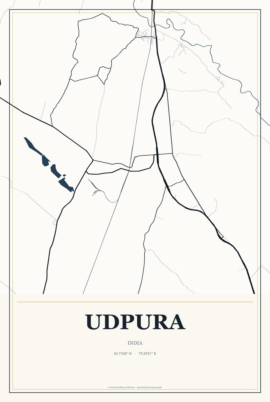 Udpura, India City Map Aluminum Sign in Citrine Modern style