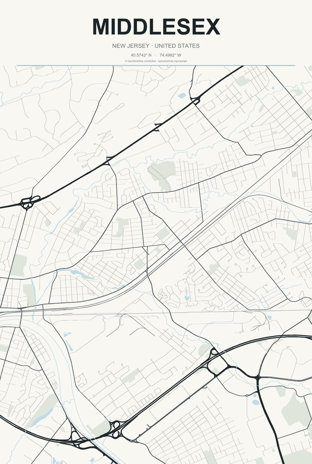 Middlesex, New Jersey City Map Aluminum Sign in Headline Atlas style