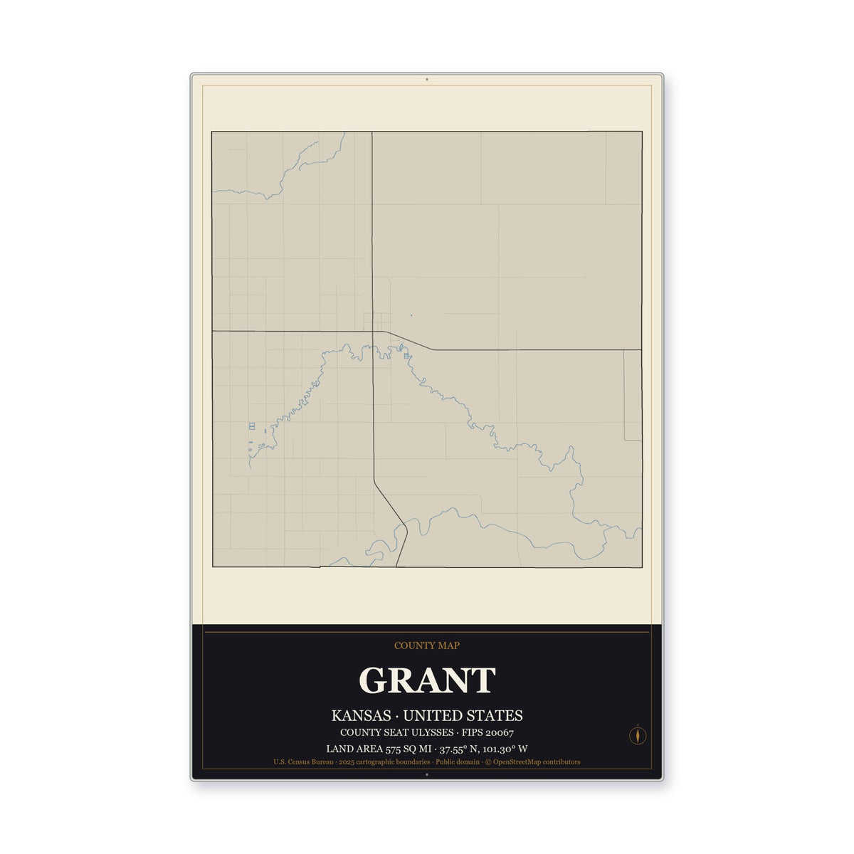 Grant County, Kansas Map Aluminum Sign in Museum Plaque style