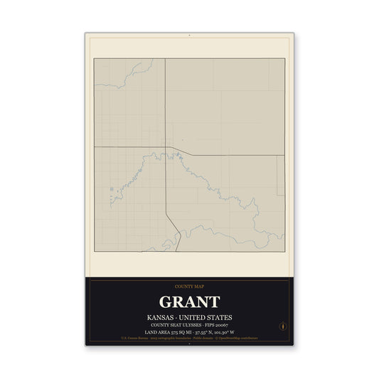 Grant County, Kansas Map Aluminum Sign in Museum Plaque style