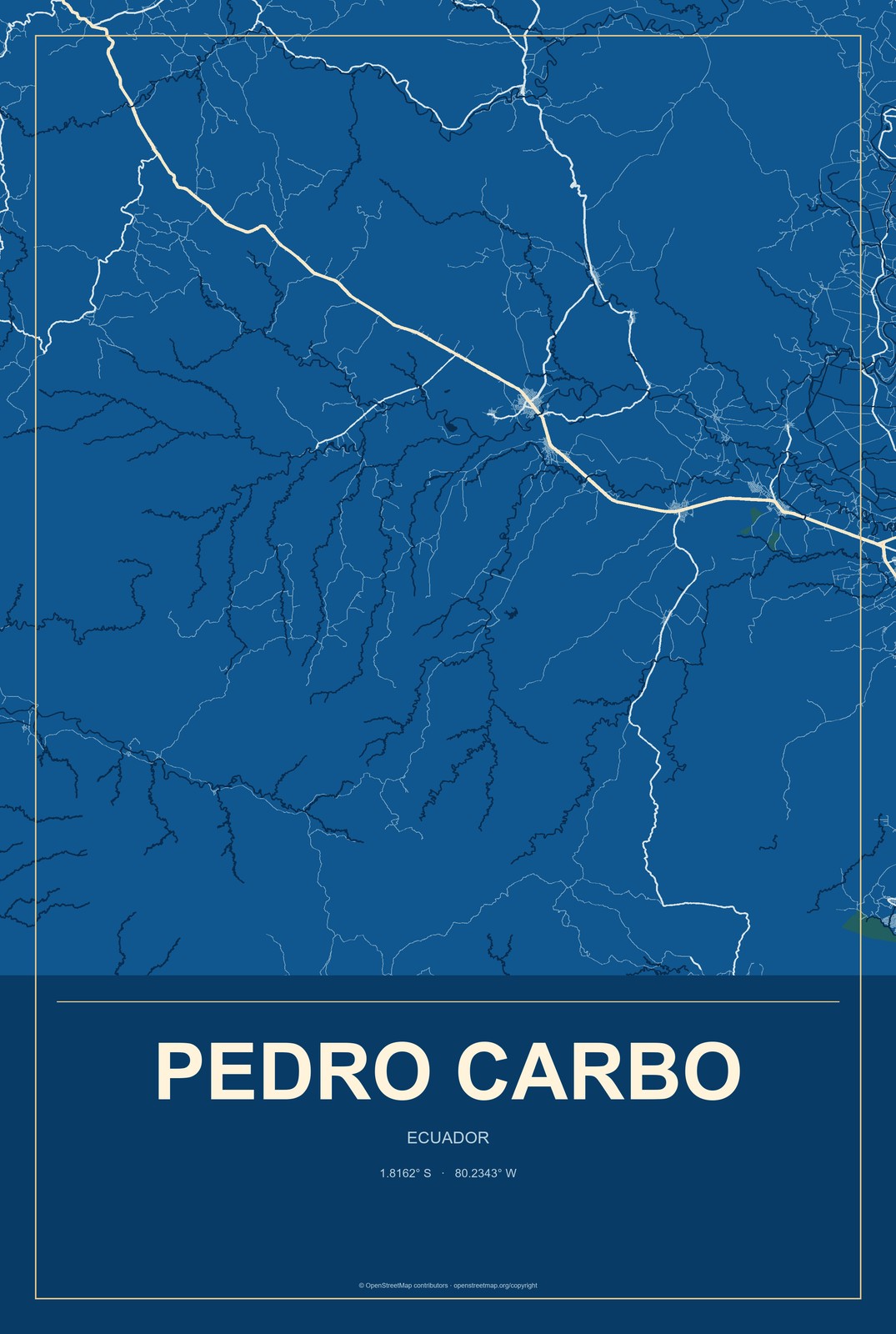 Pedro Carbo, Ecuador City Map Aluminum Sign in Harbor Cobalt style