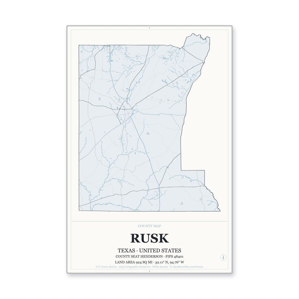 Rusk County, Texas Map Aluminum Sign in Gallery Air style
