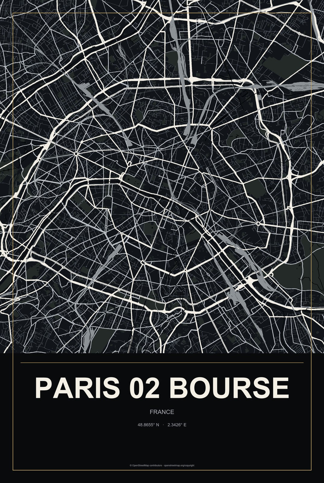 Paris 02 Bourse, France City Map Aluminum Sign in Metropolitan Noir style