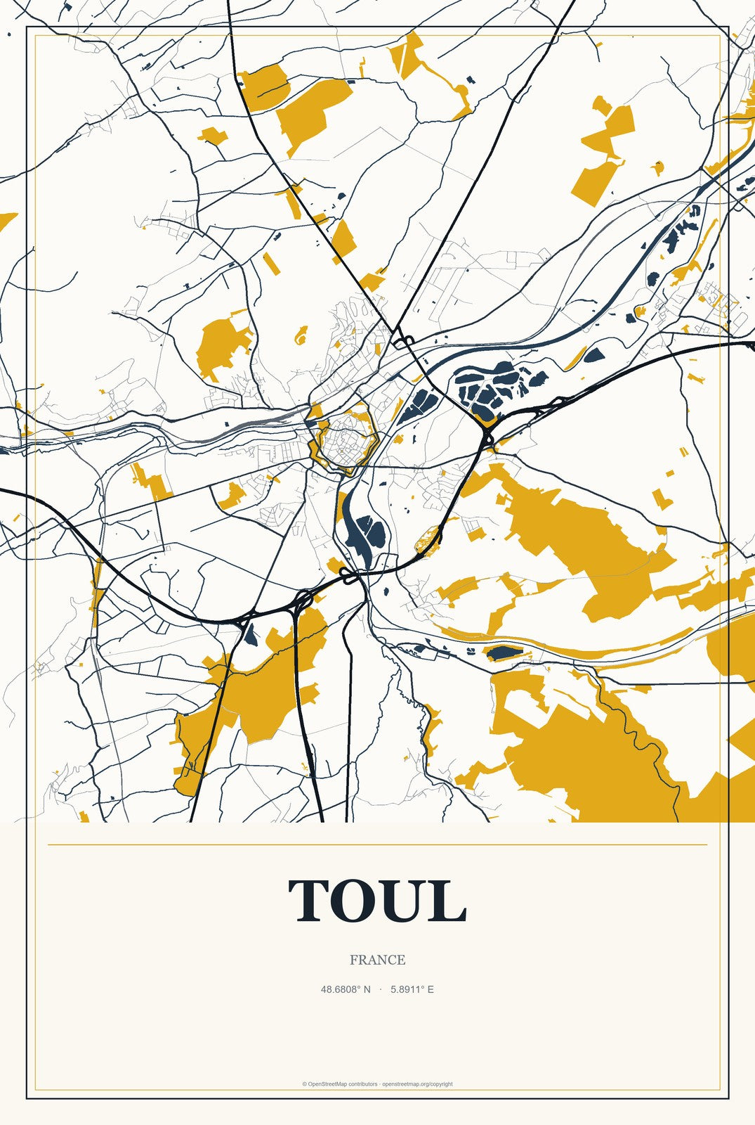 Toul, France City Map Aluminum Sign in Citrine Modern style