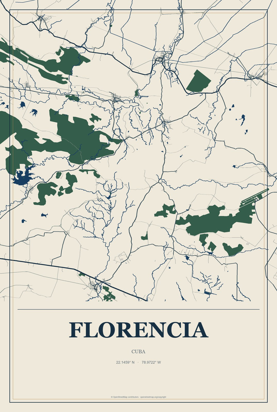 Florencia, Cuba City Map Aluminum Sign in Coastal Cutout style