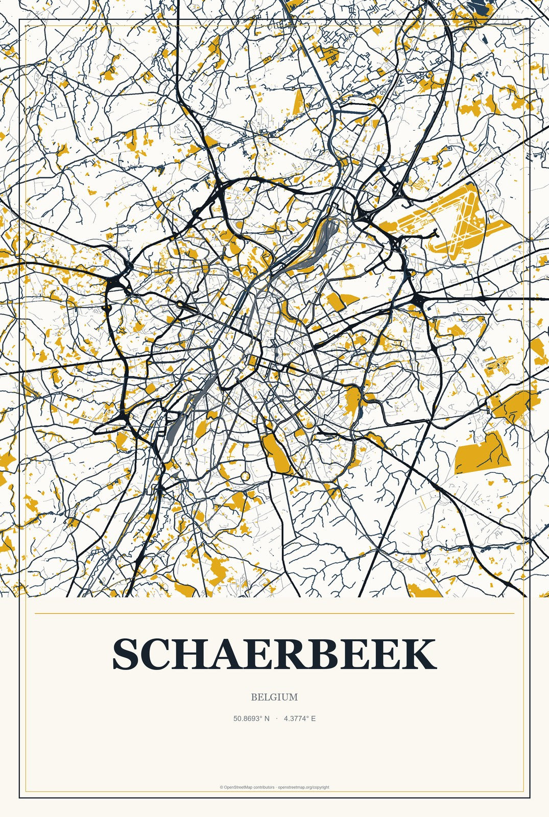 Schaerbeek, Belgium City Map Aluminum Sign in Citrine Modern style