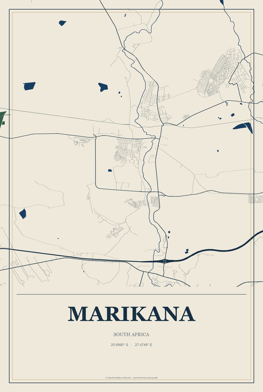 Marikana, South Africa City Map Aluminum Sign in Coastal Cutout style
