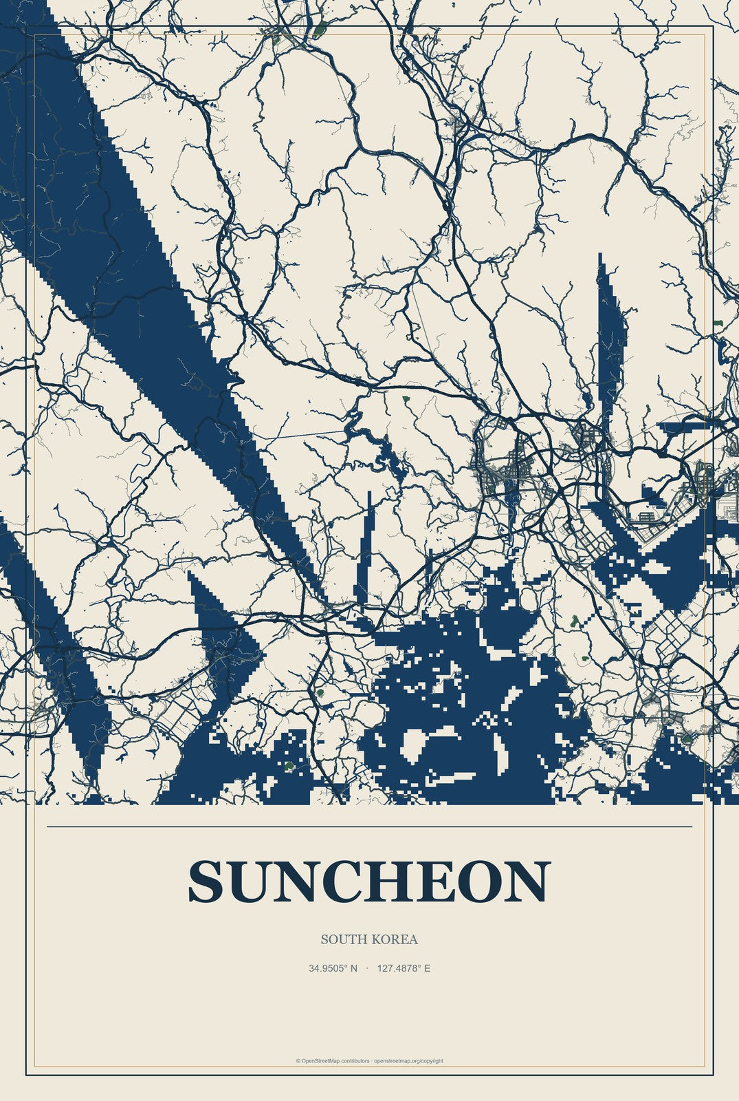 Suncheon, South Korea City Map Aluminum Sign in Coastal Cutout style