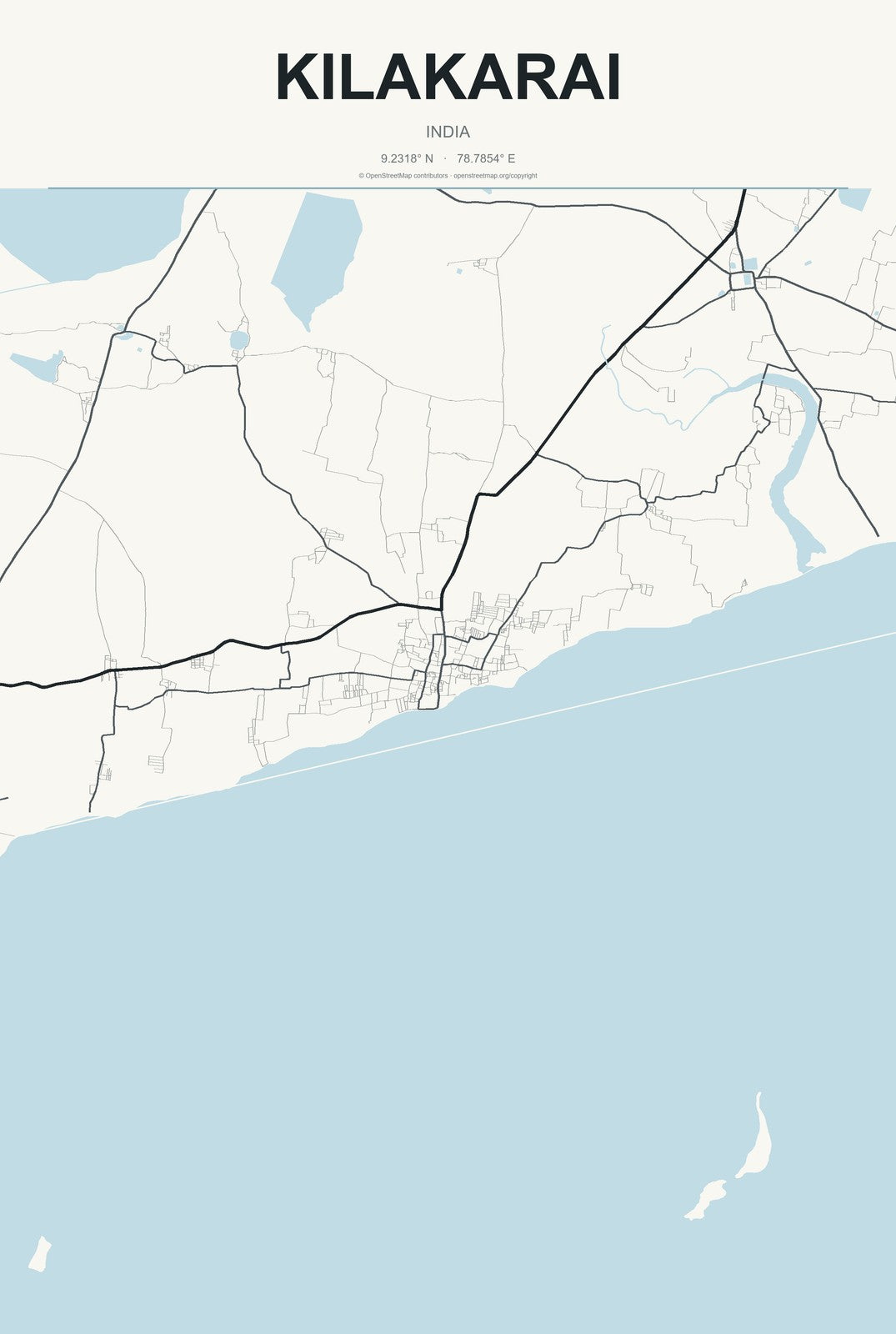 Kilakarai, India City Map Aluminum Sign in Headline Atlas style