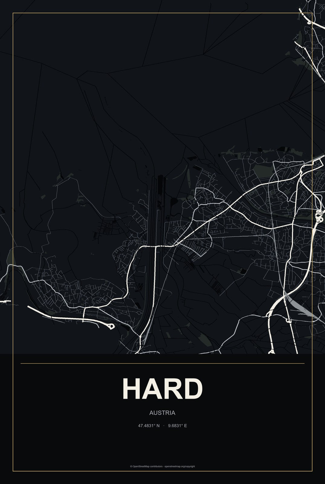 Hard, Austria City Map Aluminum Sign in Metropolitan Noir style