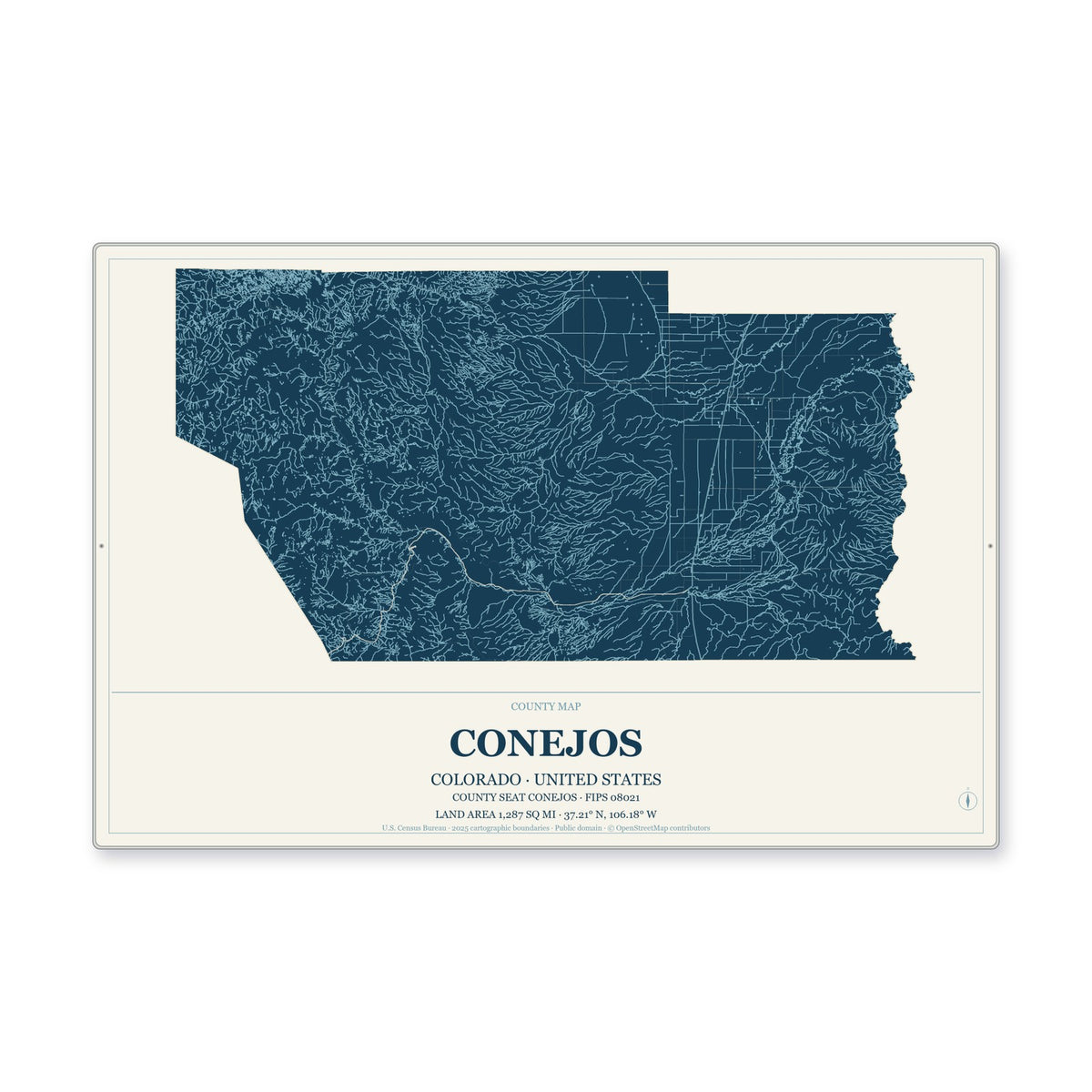 Conejos County, Colorado Map Aluminum Sign in Coastal Cutout style