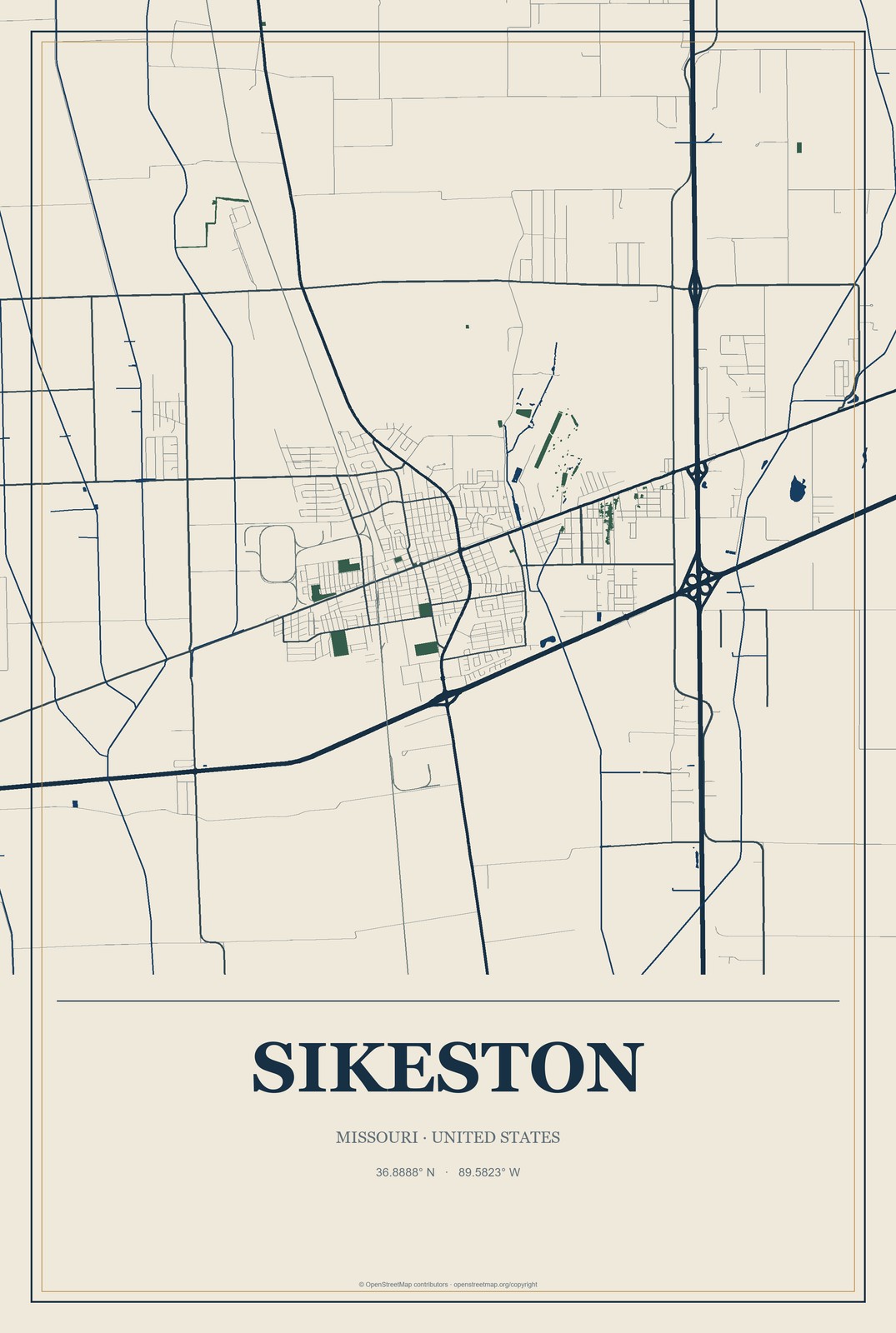 Sikeston, Missouri City Map Aluminum Sign in Coastal Cutout style